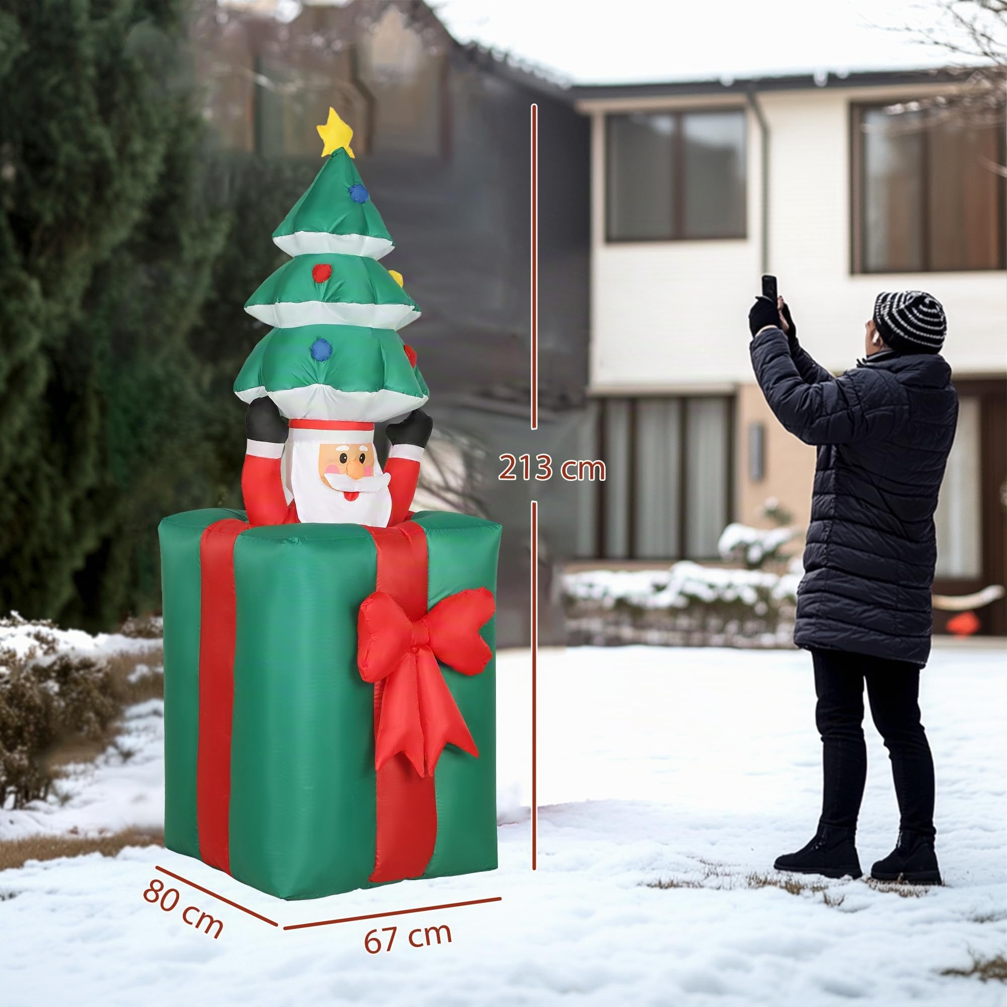 Outsunny 160-213 cm Aufblasbarer Weihnachtsdekoration mit LED-Lichtern | Beweglicher Weihnachtsmann aus Geschenkbox, mit Weihnachtsbaum, Weihnachtsdeko, für Rasen Hof und Garten