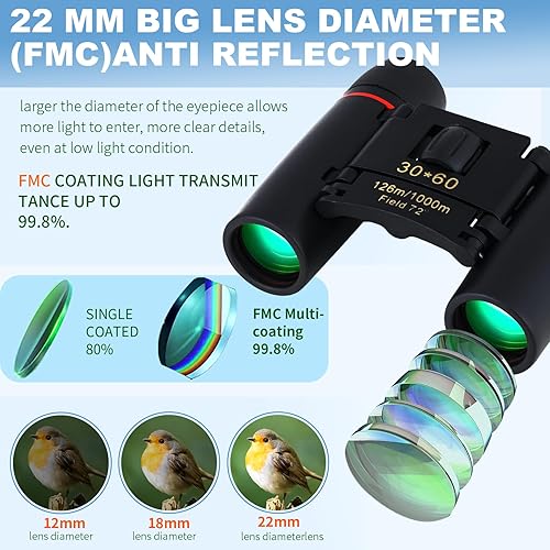 Vista 3 de Prismáticos compactos de 30 x 60 para adultos y niños, plegables y ligeros de fácil enfoque, pequeños prismáticos para observación de aves, viajes