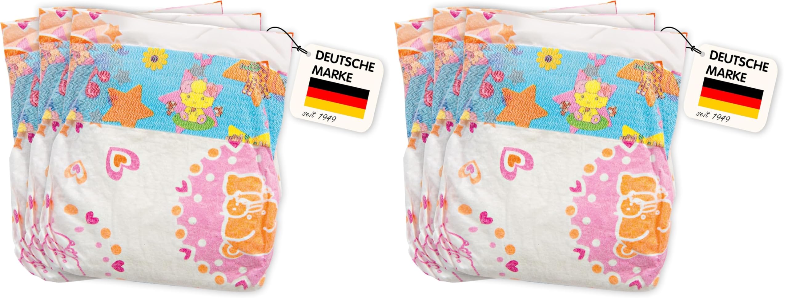 Heless 375 - Puppenwindeln, 3 Stück, am Bund Bedruckt mit farbenfrohen Kindermotiven, wiederverwendbarer Klettverschluss, Größe 28 - 35 cm (Packung mit 2)