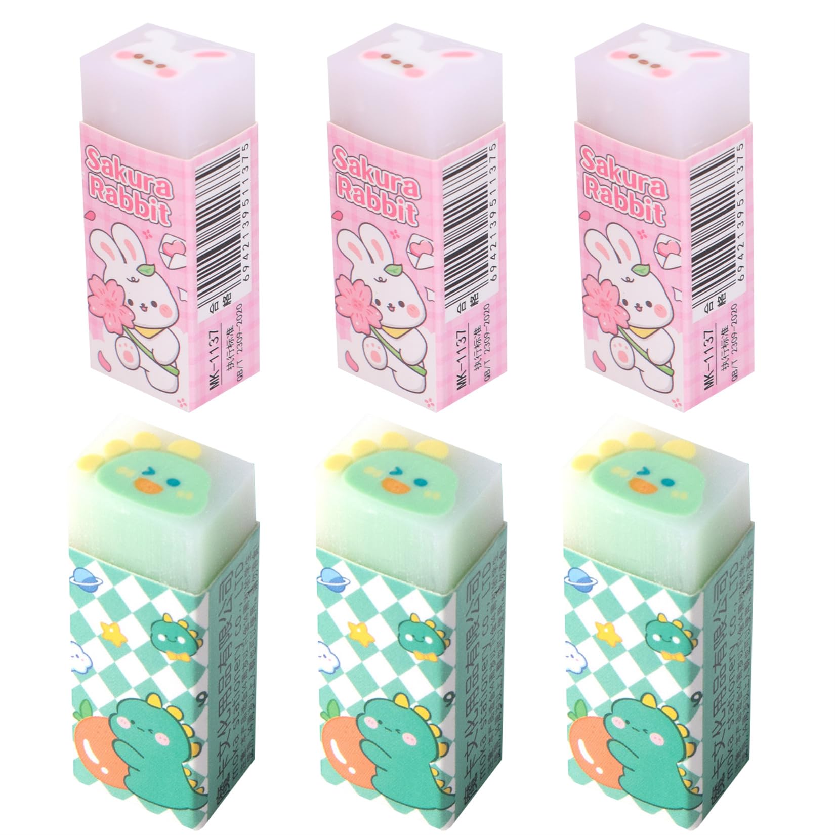 Cute 6pcs Pencil Eraser Set - Rectangle Rubber Animal Kawaii Erasers for School Office Supplies
