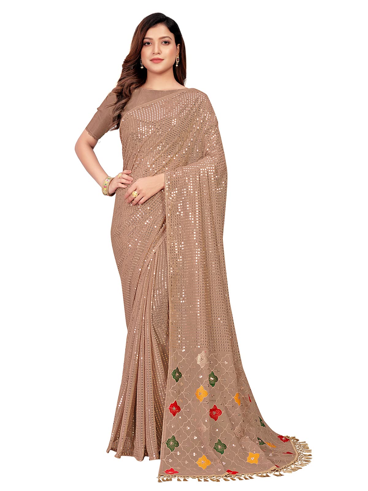 Pratham Blue Women's Sequins Georgette Fancy Saree With Blouse Piece