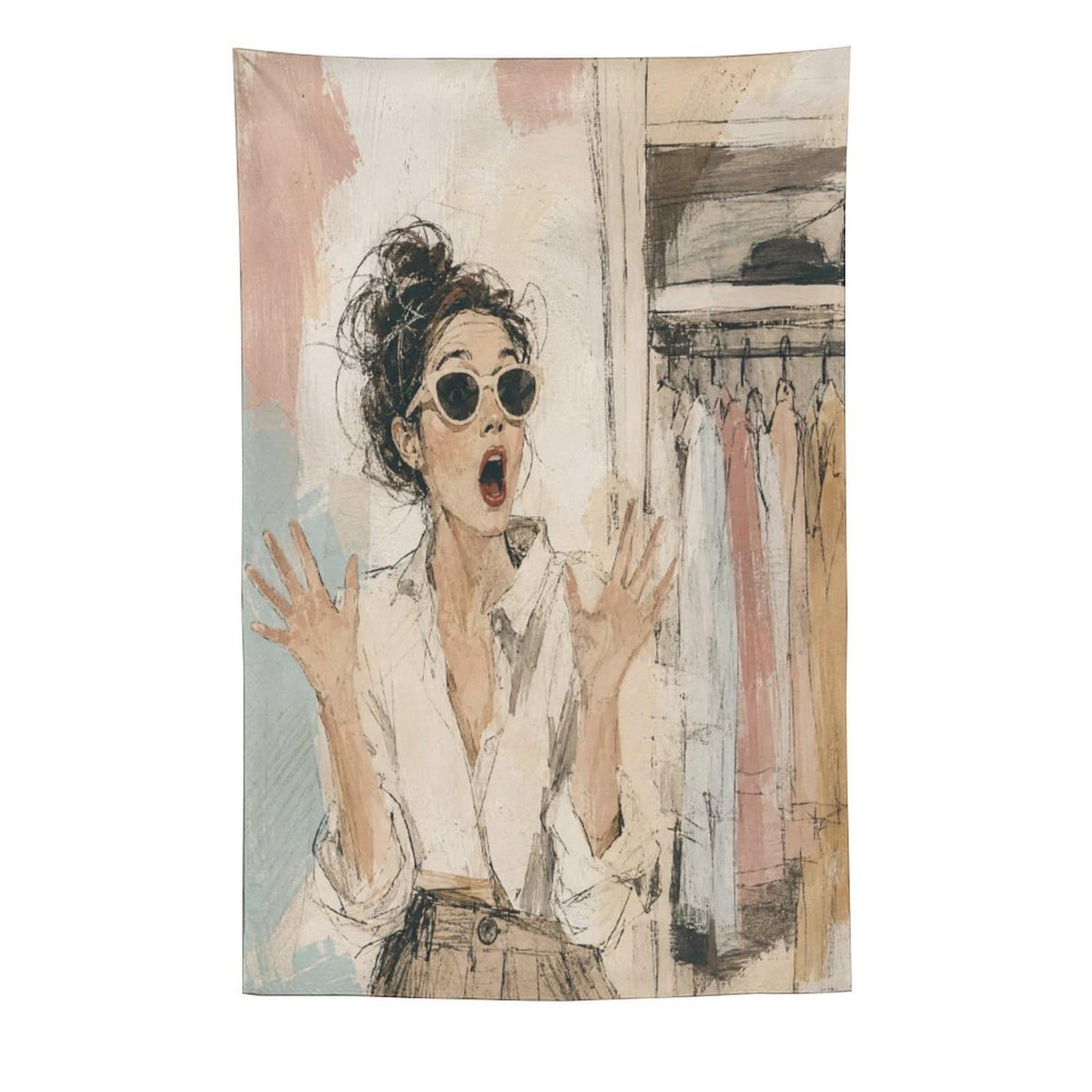 W7C8U2X3 Surprised Fashion Woman Wall Tapestry, Watercolor Style, Entryway