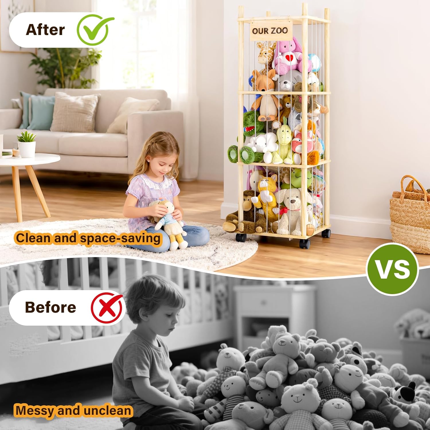 Dayacoco Stuffed Animal Storage with Brake Wheels, Wood Stuffy Animal Storage Zoo Holder Bin, Large Capacity Toy Organizer with Elastic Band and Net for Nursery Play Room Bedroom (Pine Wood 54in)
