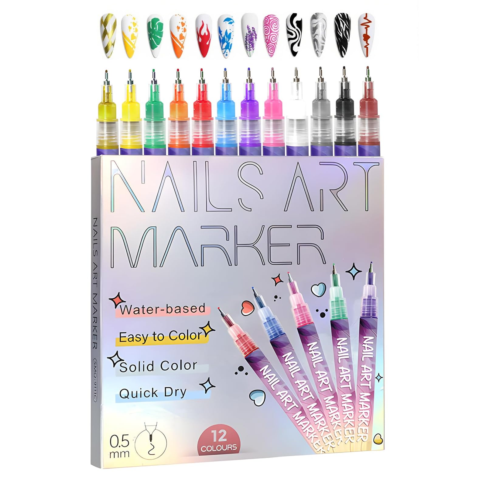 Stylo Dessin Ongles Set, 12 Couleurs Marqueur Nail Art à Base d'Eau, Pointe Fine pour Graffiti et Lignes, Outil de Décoration DIY, Déco Ongle Professionnelle