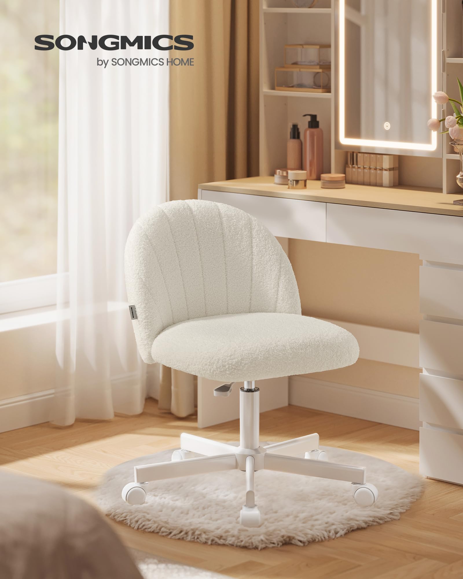 SONGMICS Homeoffice-Stuhl, Schminkstuhl aus Fleece, Schreibtischstuhl, Schaumstoffpolsterung, höhenverstellbar, für Arbeitszimmer, Schlafzimmer, Ankleidezimmer, cremeweiß OBG027WD01