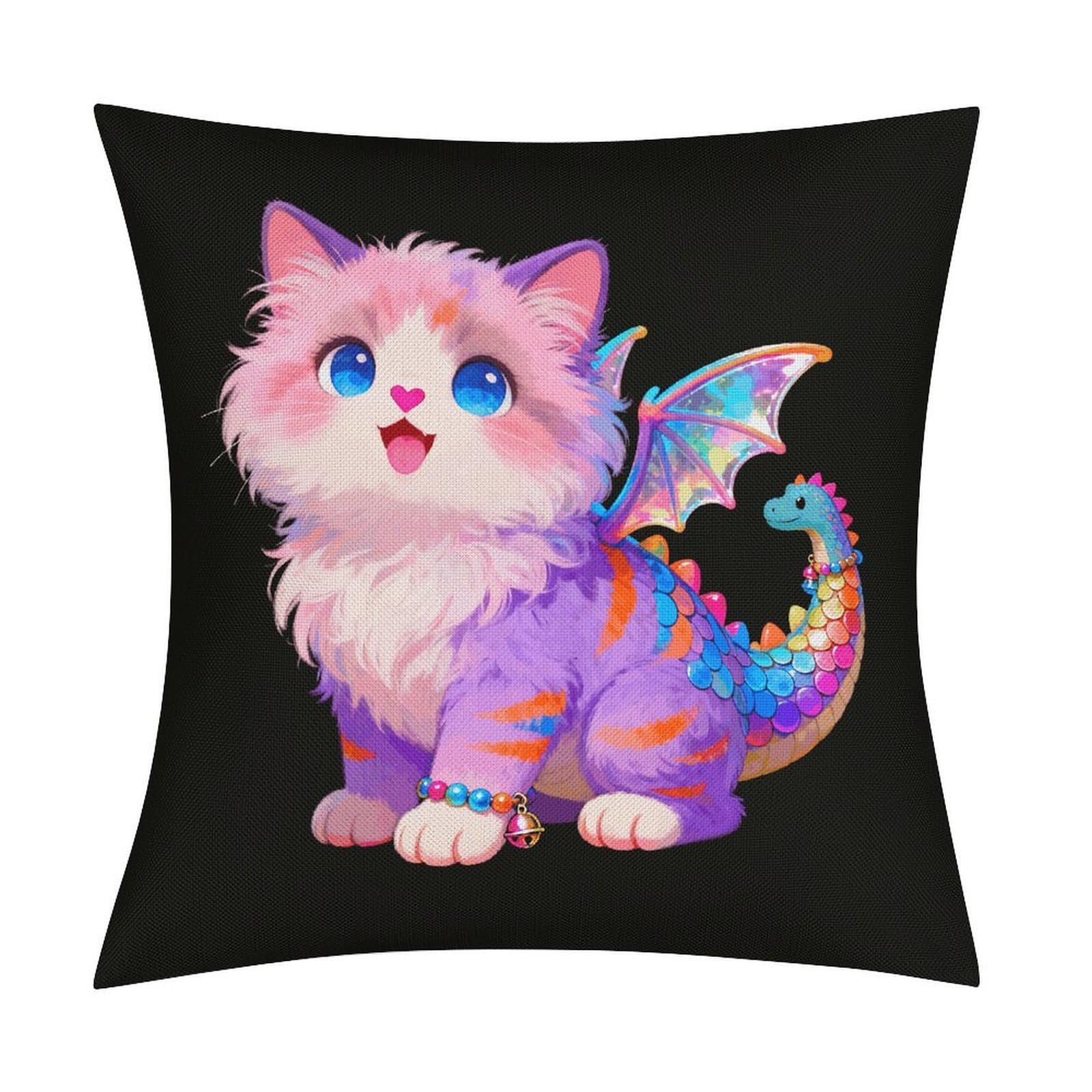 LZQPOEAS Dragon Cat Throw Pillow Covers, Waterproof Faux Linen Pillow Cases with Invisible Zipper, Decorative Square Cushion Covers for Sofa Couch Living Room Bedroom 18x18 Inch