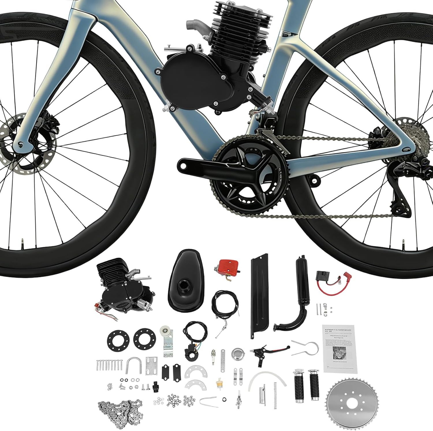 110cc Bicycle Engine Kit, 2 Stroke Motorized Bike Kit Fit Most 26"/28" Bikes, Petrol Gas Powered Motor with CDI, Super Fuel-Efficient Full Set Bike Motor Kits (Black)