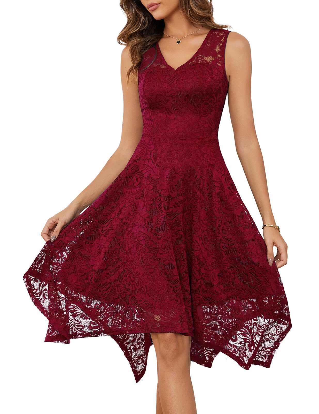 MeetjenWomen's Cocktail Party Dresses 2025 Handkerchief Hem Lace Formal Wedding Guest Bridesmaid Fancy Prom Dress