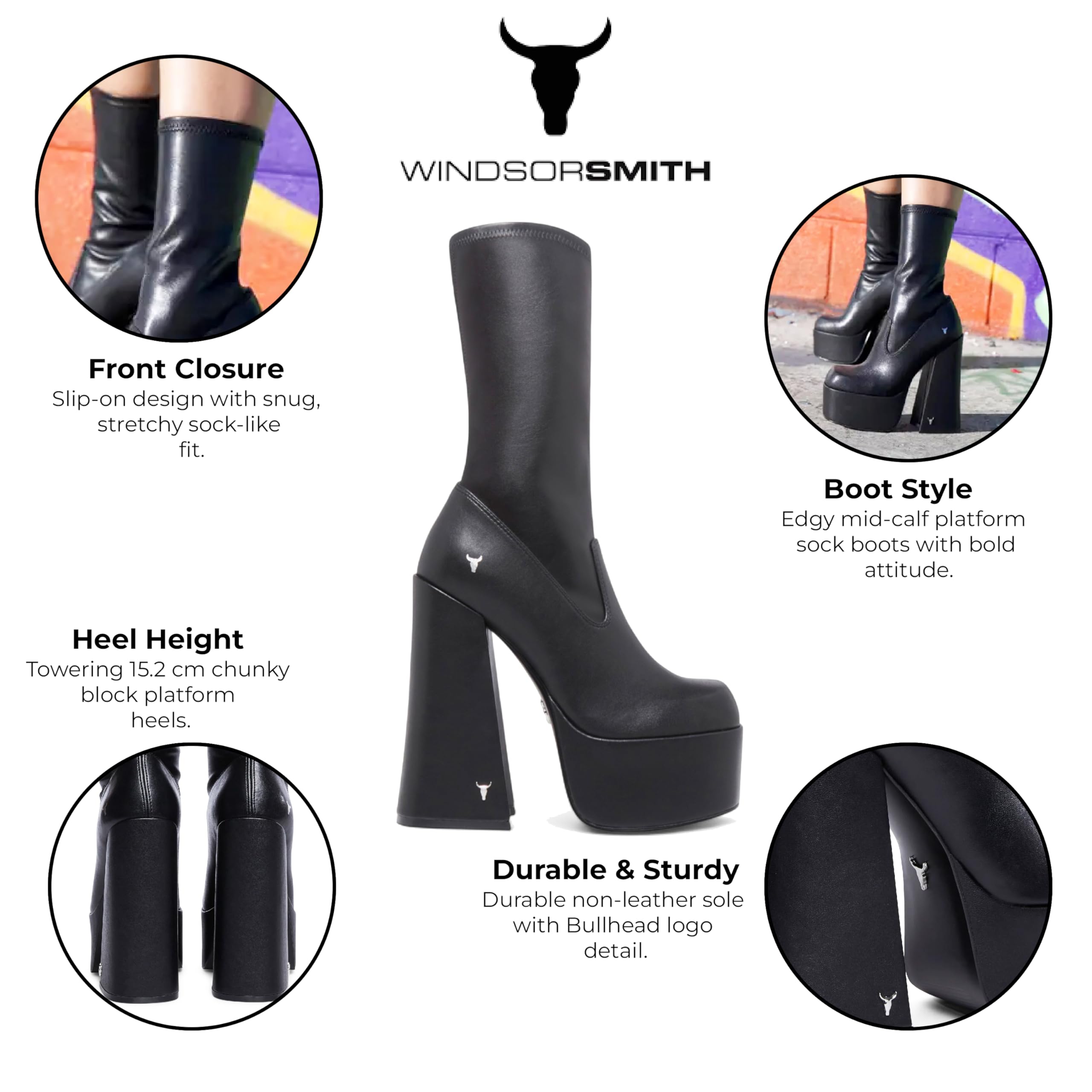 Windsorsmith damskie czarne skarpety do połowy łydki na platformie gotyckie buty na obcasie