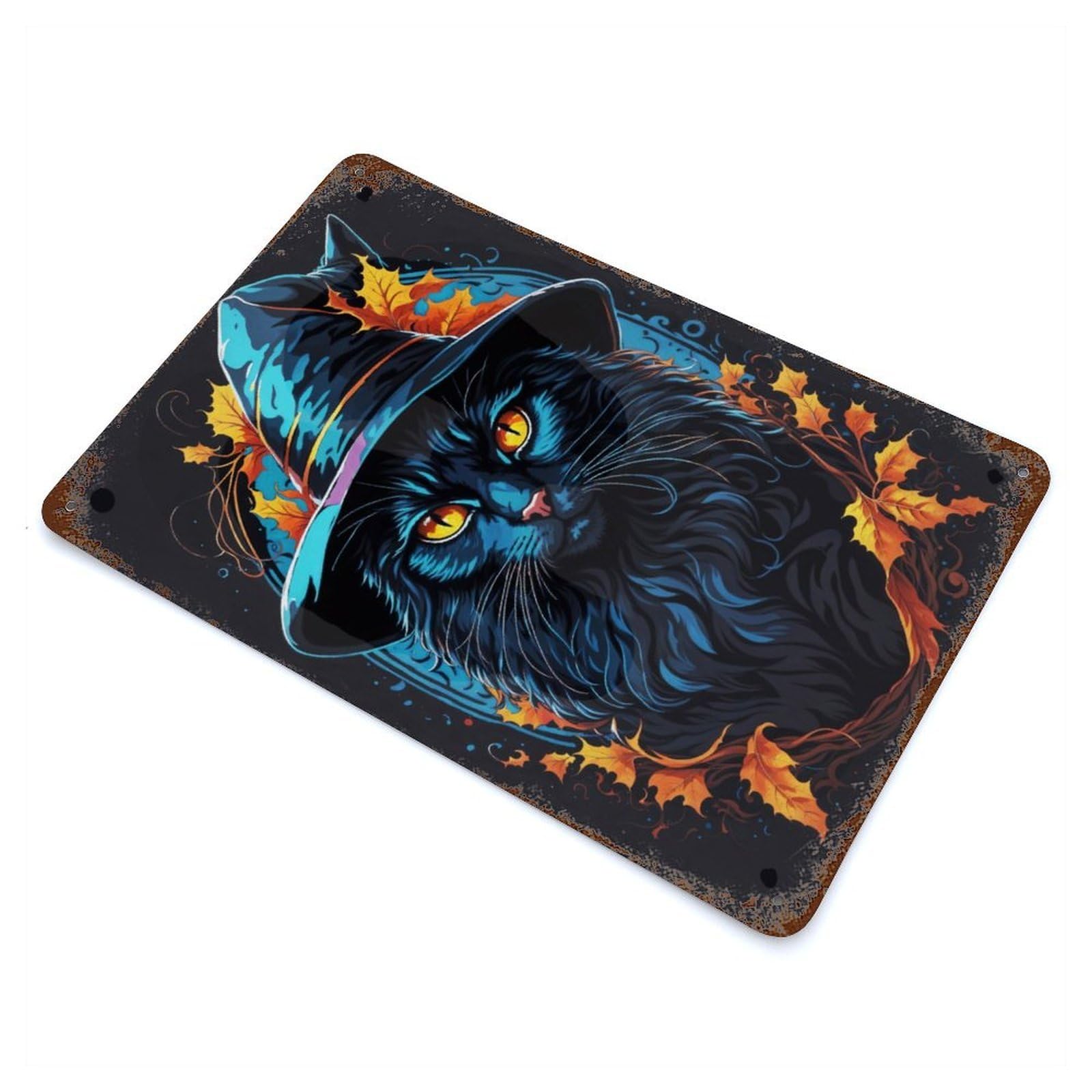 Distressed Metal Wall Sign with Witch Cat Familiar Design 11.8"x7.9", for Living Room, Hallway And Home Decor, Vintage Wall Decor