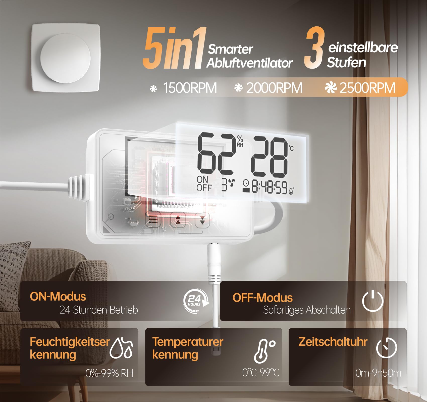 Intelligente badkamerventilator met WIFI 100/125mm Smart met timer