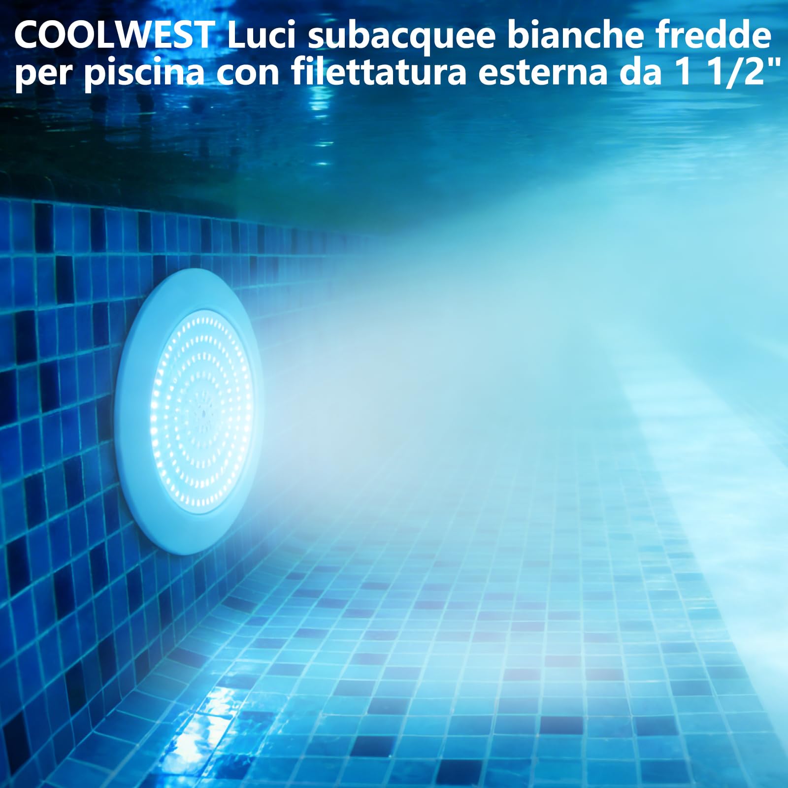 COOLWEST Proiettore Piscina LED con Filettatura 1 1/2", 25W Luci Piscina Bianco Freddo, Ø180mm, 12V AC/DC IP68 Impermeabile Luce per Piscinas Cemento Gradini, 6000K
