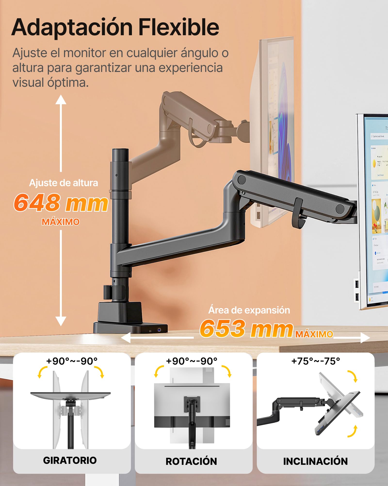 monTEK Soporte Monitor con Poste Alto y USB para 17-57" | Brazo de gas con diseño curvo para escritorios y monitores ultrapanorámicos, compatible con VESA 75x75/100x100, negro.