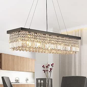 Rectangle Crystal Chandelier - Modern Black Pendant Light