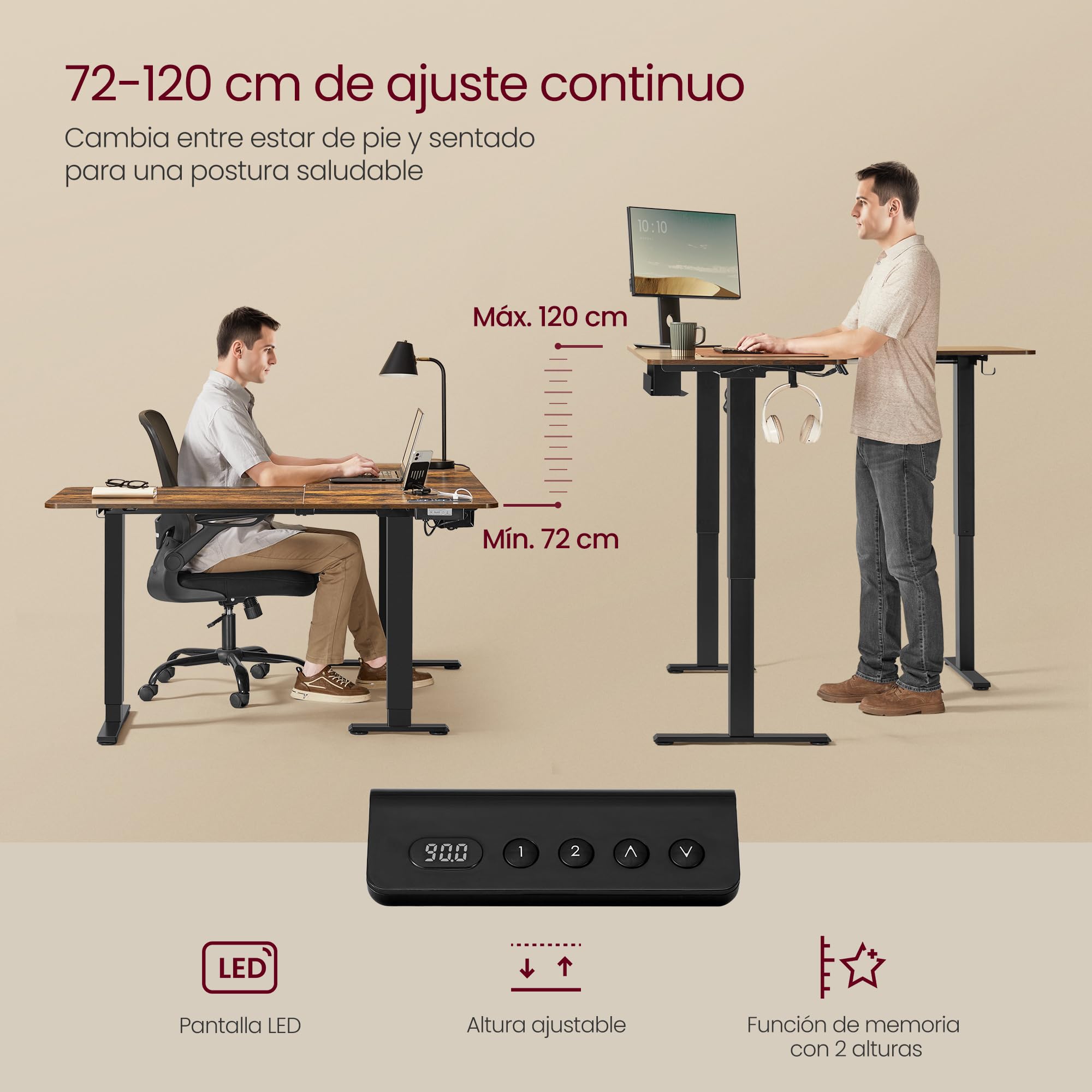 VASAGLE Escritorio Eléctrico Regulable en Altura, Escritorio en Forma de L, 140 x 160 cm, con Estación de Carga, Función de 2 Memorias, para Oficina Casa, Marrón Rústico y Negro Tinta LSD264K01