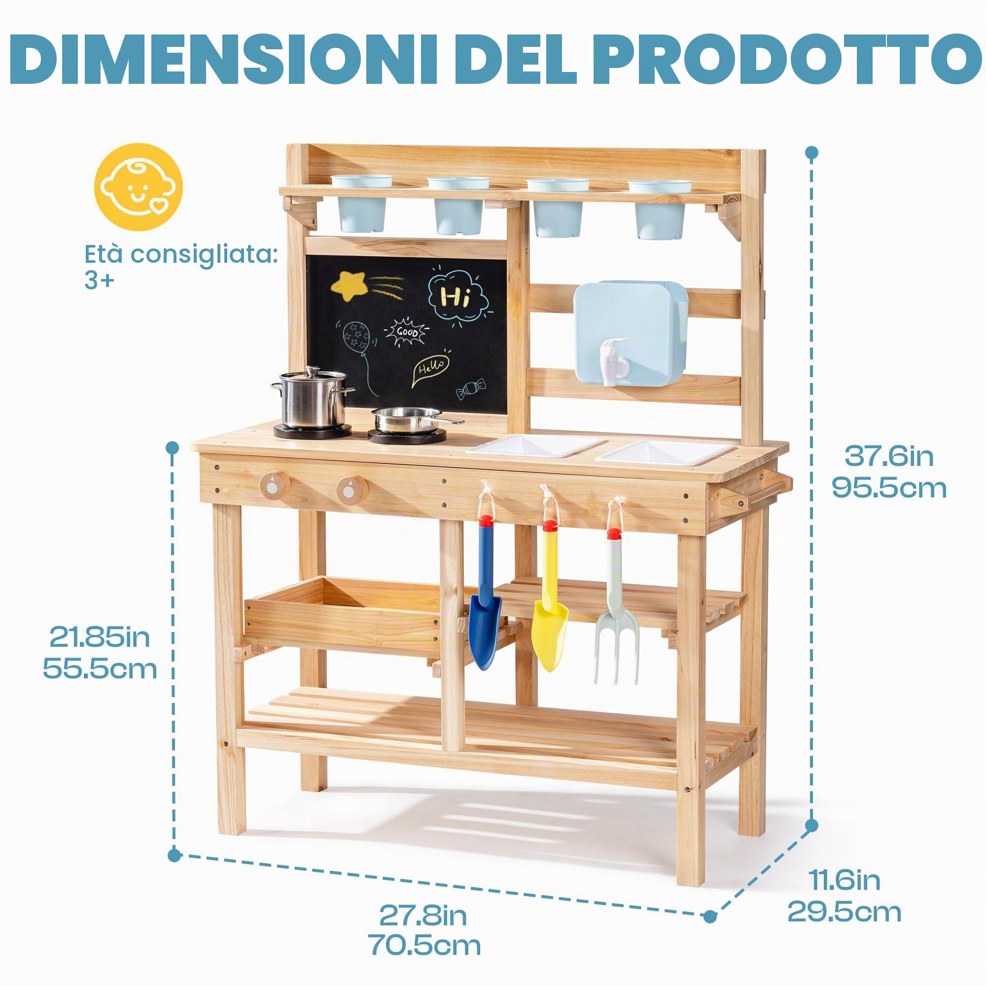 ROBUD Cucina in legno per bambini piccoli, cucina giochi per esterni con lavello, fornello, vasi, lavagna, vano portaoggetti e accessori da cucina, giocattolo per ragazzi e ragazze dai 3 anni in su