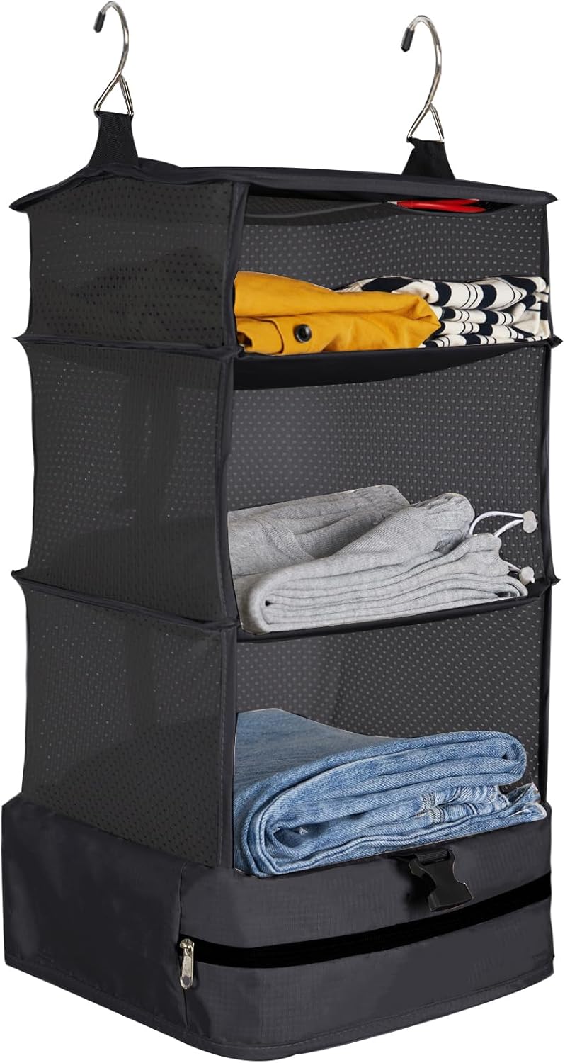 Portable Hanging Travel Shelves, Carry on Closet Suitcase Storage for Luggage, Hanging Packing Cubes Compression for Travel Essentials (L, Black)