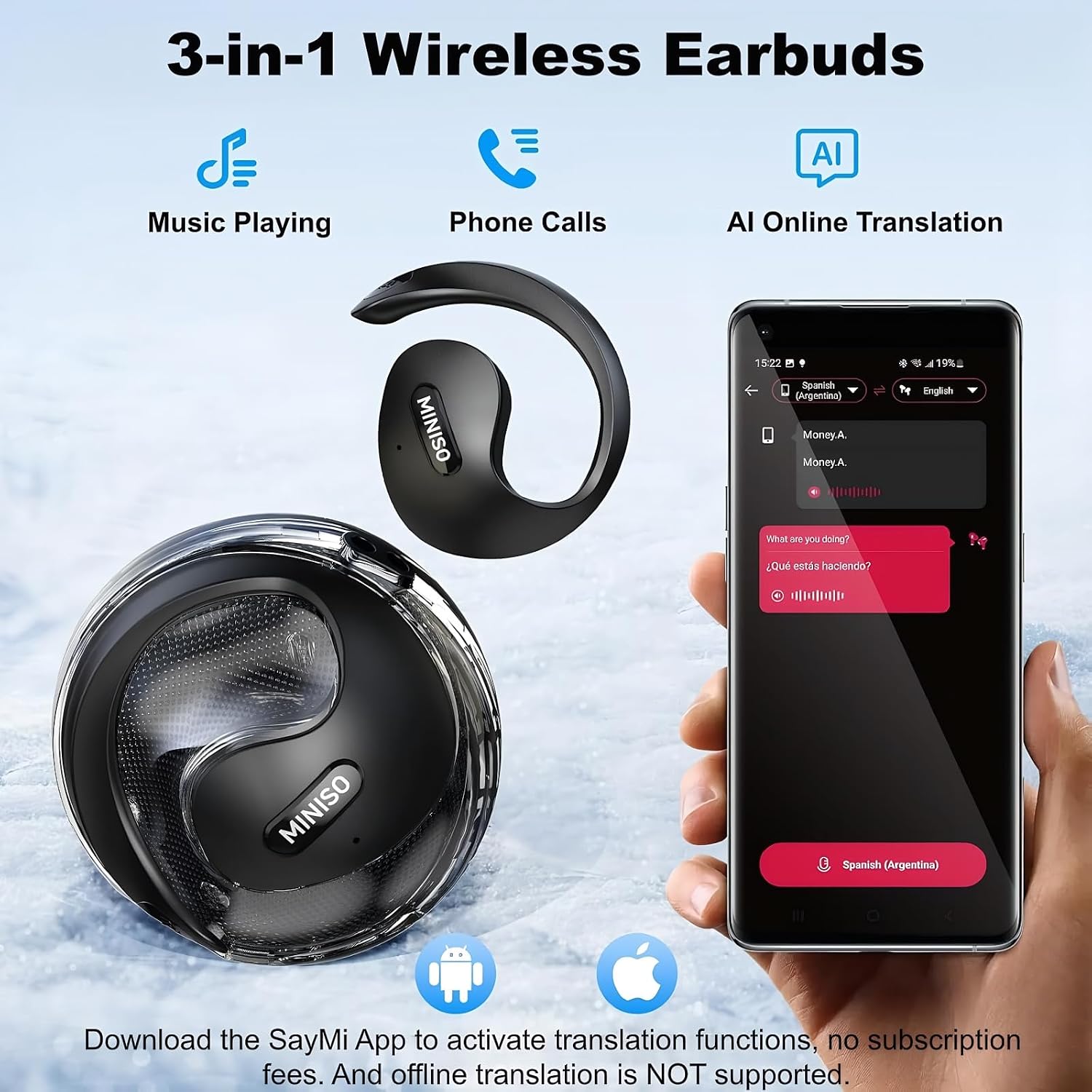 MINISO X15PRO Earhook Open Ear Bluetooth Earbuds, Comfort Fit, HiFi Stereo, 40H Playtime, IPX5 Waterproof, 165 Languages AI Translation via App for Travel Sports Learning (Purple)