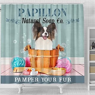 Papillon Dog Printed Shower Curtain, Papillon Natural Soap Co. Pamper Your Fur Shower Curtain, Bathroom Decor Polyester Fabric Bath Curtains with Hooks