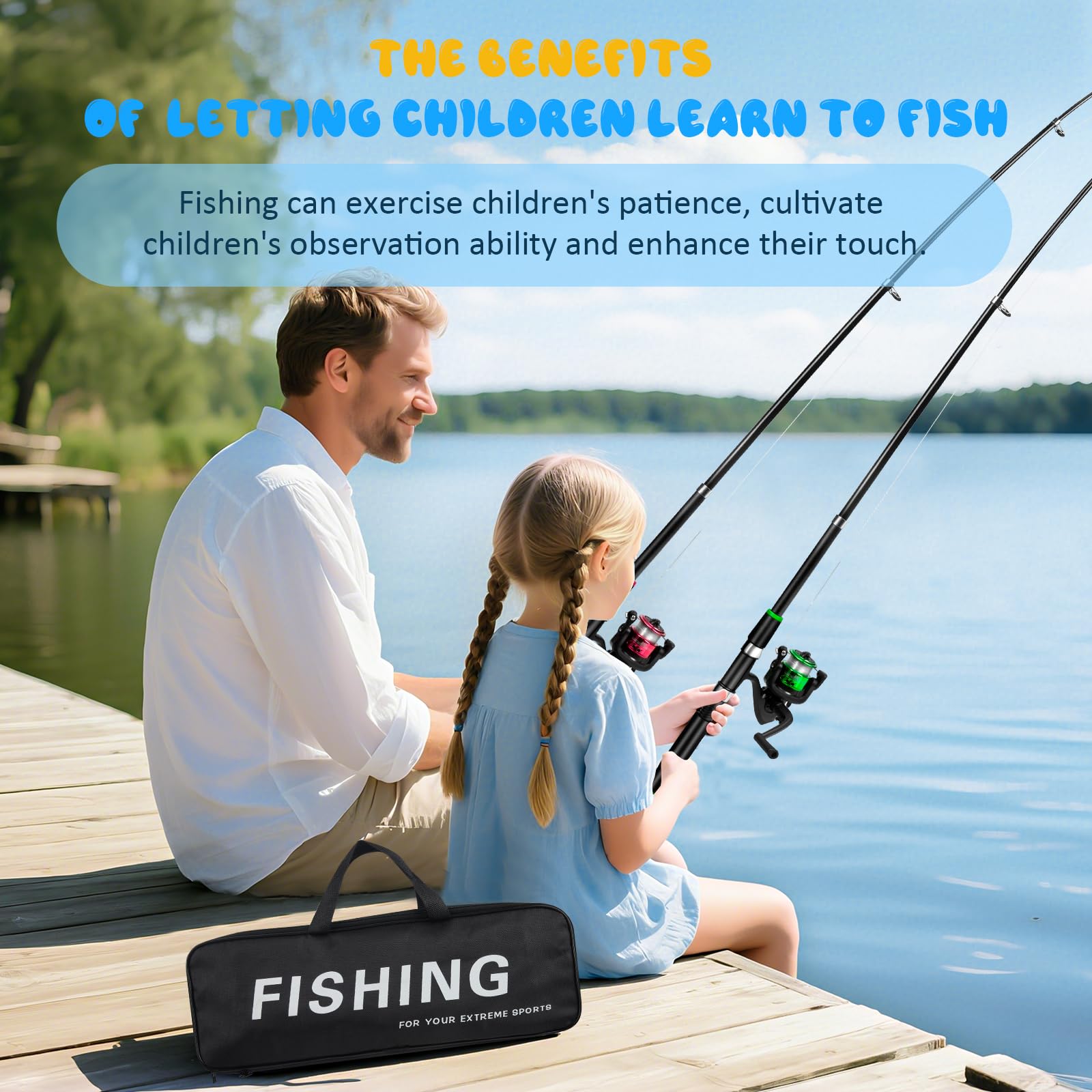 Set da pesca per bambini con 2 canne telescopiche da 180 cm, set completo di canne da pesca con rulli, esche e accessori, borsa per il trasporto, regalo ideale per ragazzi e ragazze