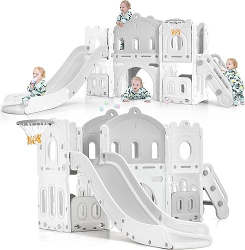 Merax Tobogán 6 en 1 para niños con escalador aro de baloncesto túnel y espacio de almacenamiento juego de tobogán interior al aire libre para niños