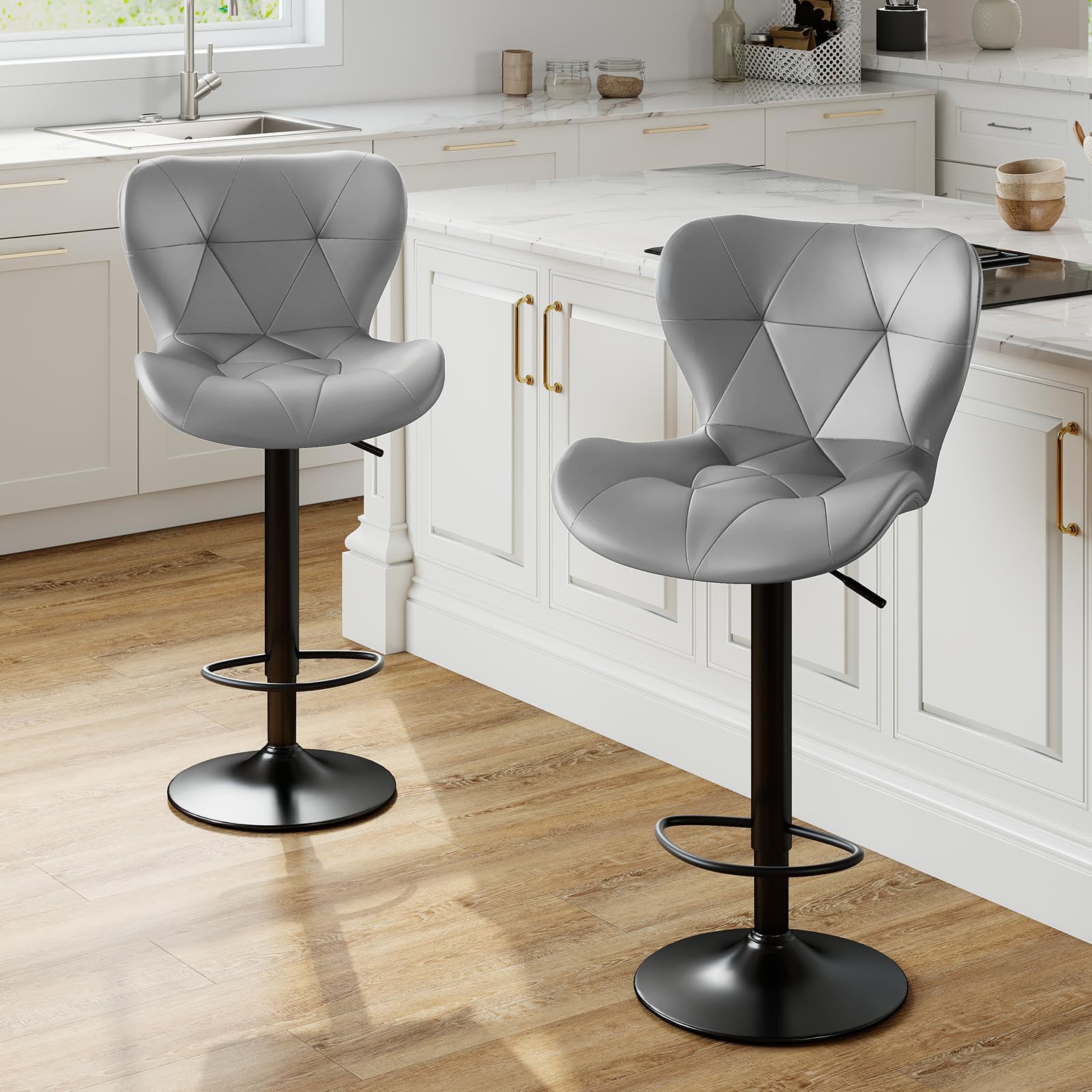Sweetcrispy Modern Bar Stools Set of 2, Adjustable Faux Leather Upholstered Swivel Bar Stools, Counter Height Bar Chairs with Back for Kitchen Island, Grey