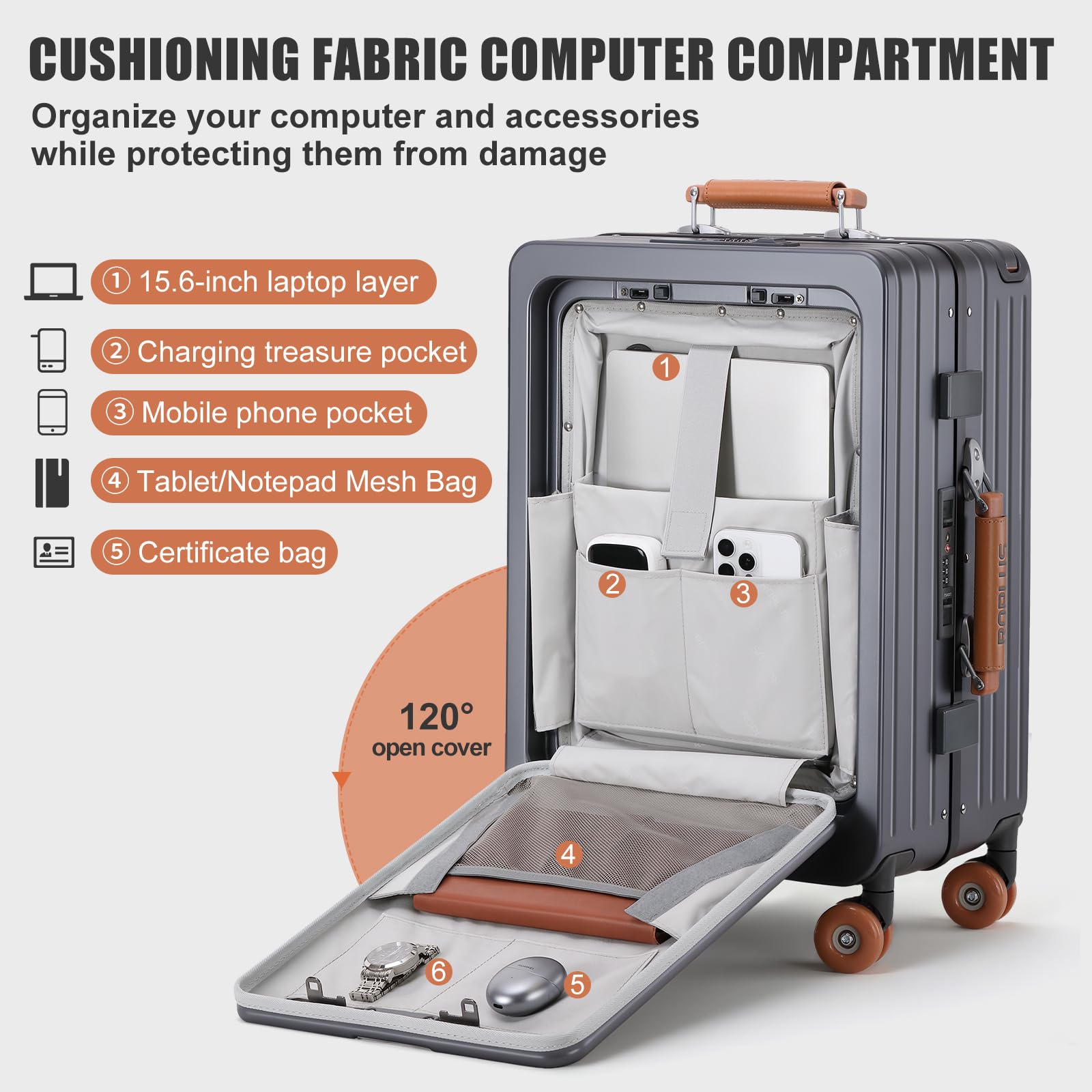 ROPLUS Bagaglio senza cerniera con scomparto anteriore per laptop, BiancoArancione, 25-Inch, Valigia con telaio in alluminio