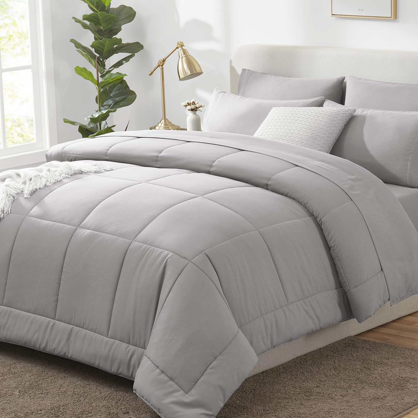 CozyLux King Size Comforter Set French Grey, 7 Pieces Bed in a Bag, Gray Comforter King Size, All Season Bedding Sets with Stitch Quilted Comforter,