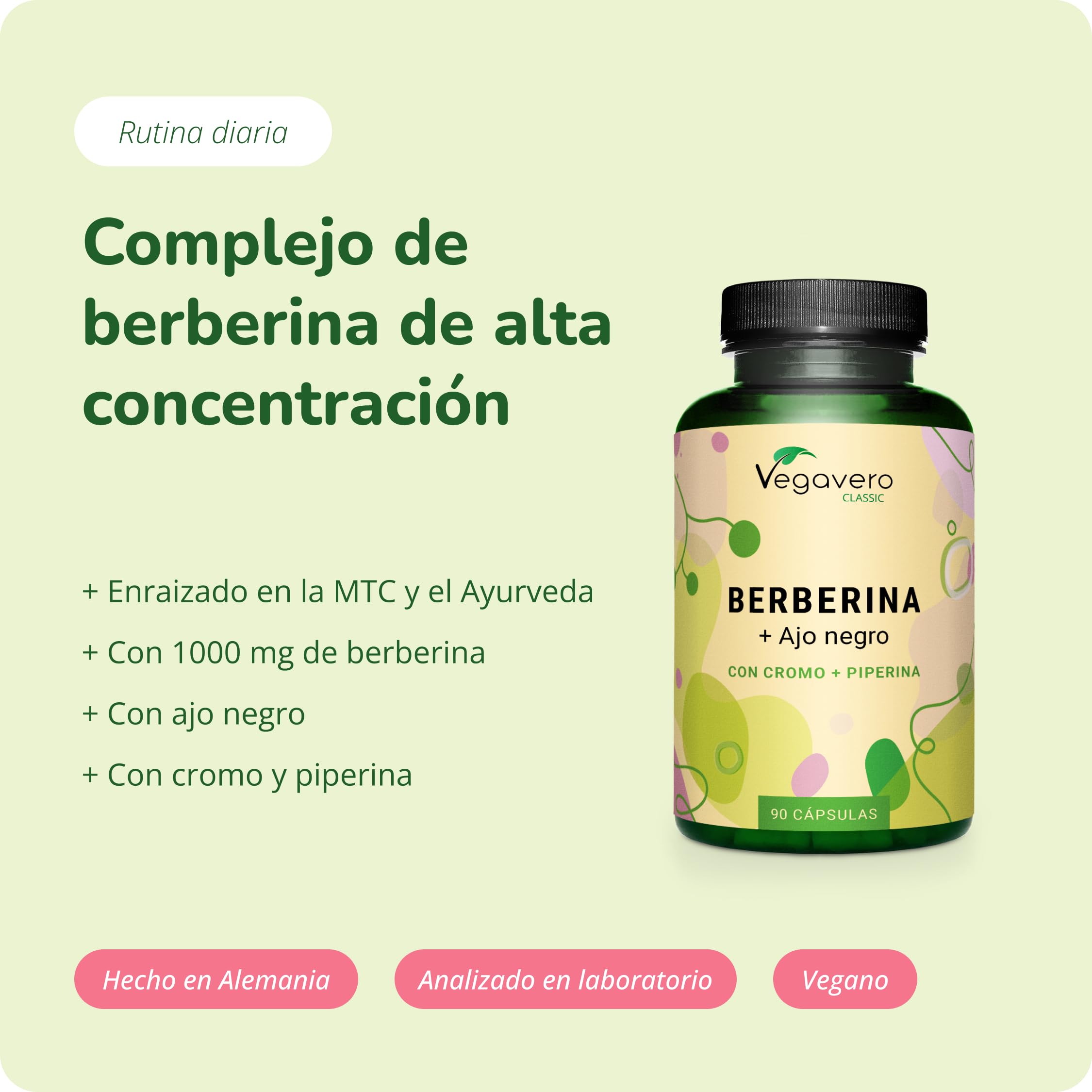Berberina 1000 mg | Con Pimienta y Ajo Negro + Cromo | Bajar Colesterol + Para La Figura | Sin Aditivos | Vegano | Vegavero