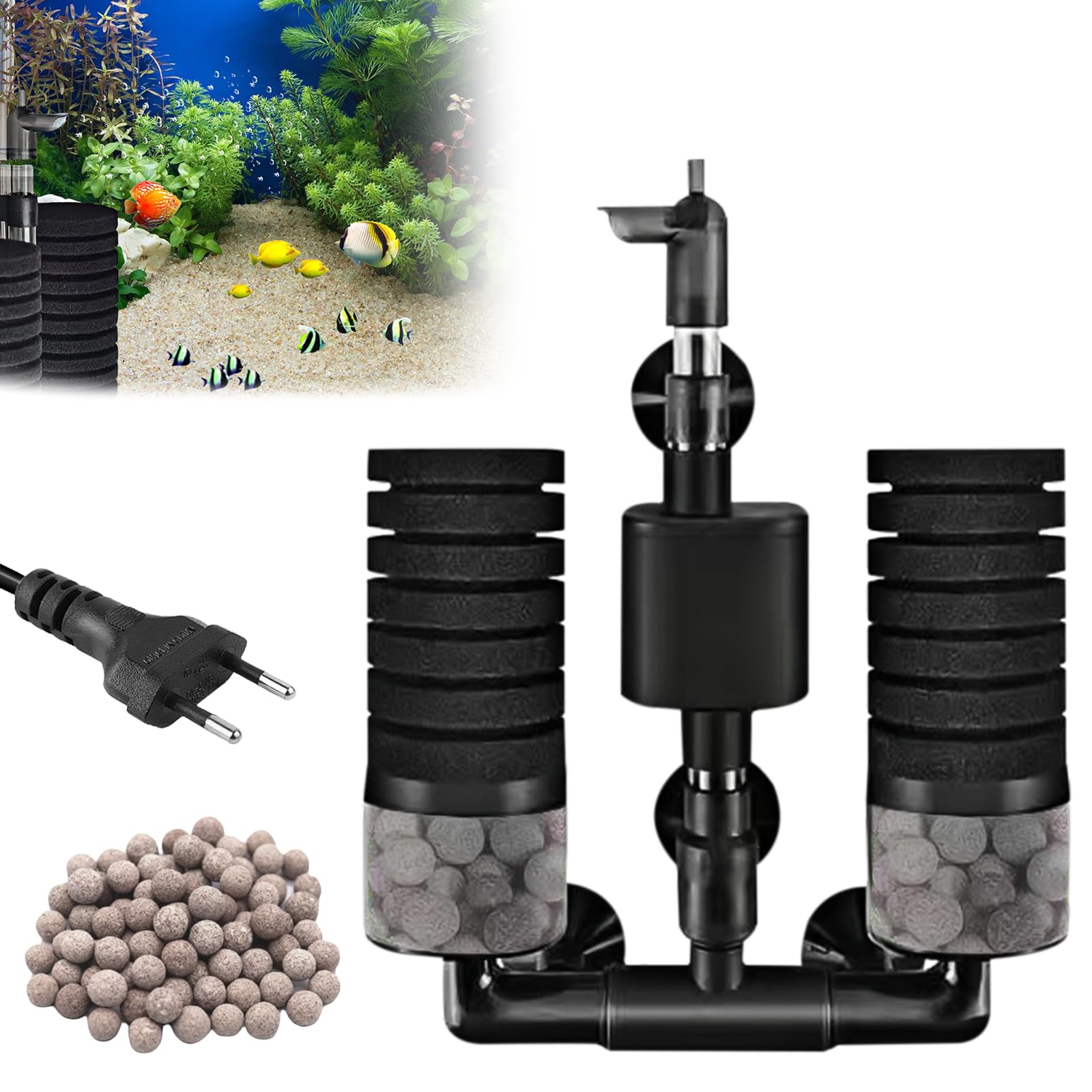 Filtre Éponge d'Aquarium avec Pompe, Filtre Interne Aquarium avec 1 Sac Billes Céramique, Electrique Filtre Aquarium Réglable, Double Filtre Eponge Interieur pour Aquariums de Différentes Profondeurs