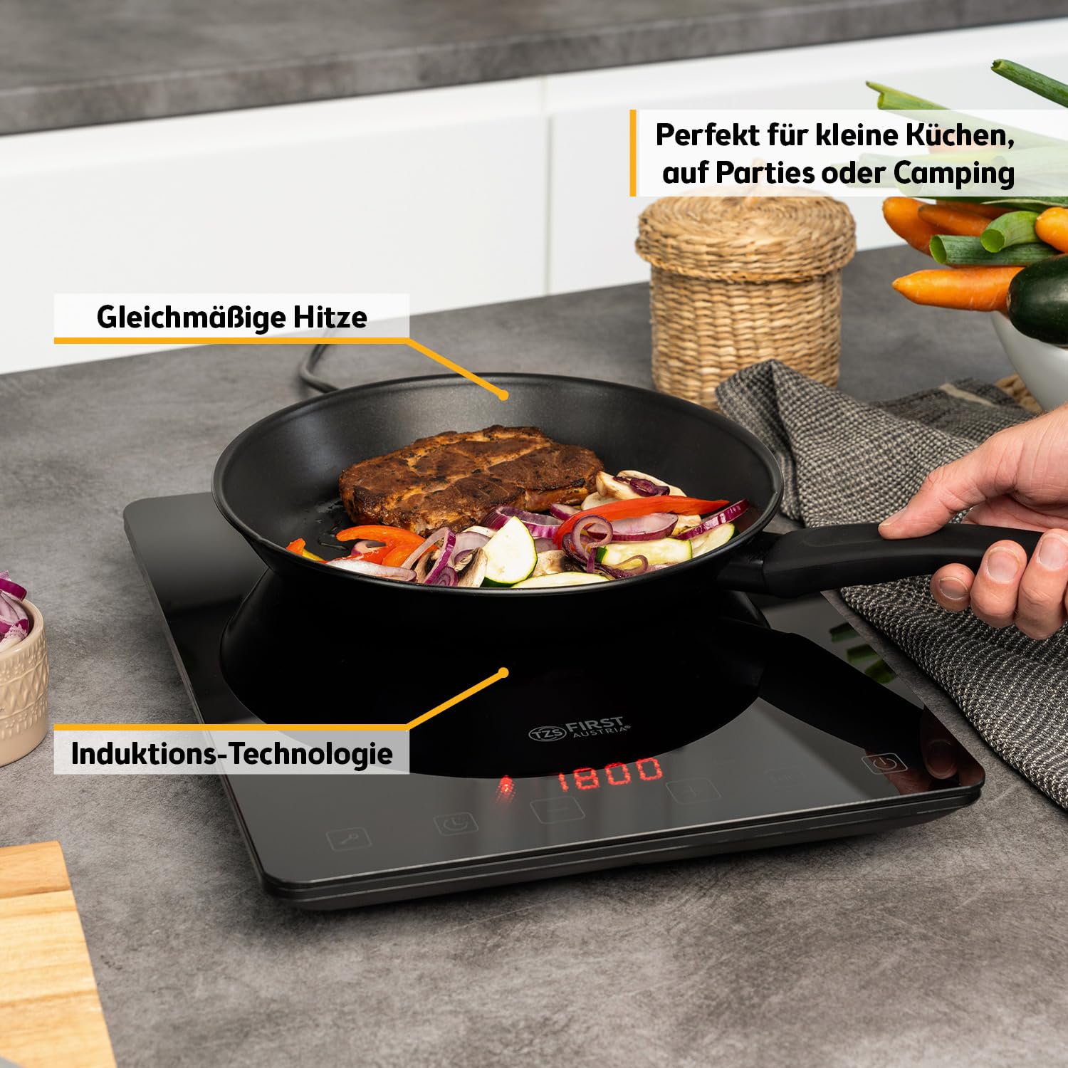 TZS First Austria Induktionskochplatte 2000W – Ultraschlankes Slim-Design & Kristallglas – Digitales Kochfeld mit Touch-Sensor, 10 Stufen & Timer – Ø 260 mm – Ideal für Camping, Garten & Büro
