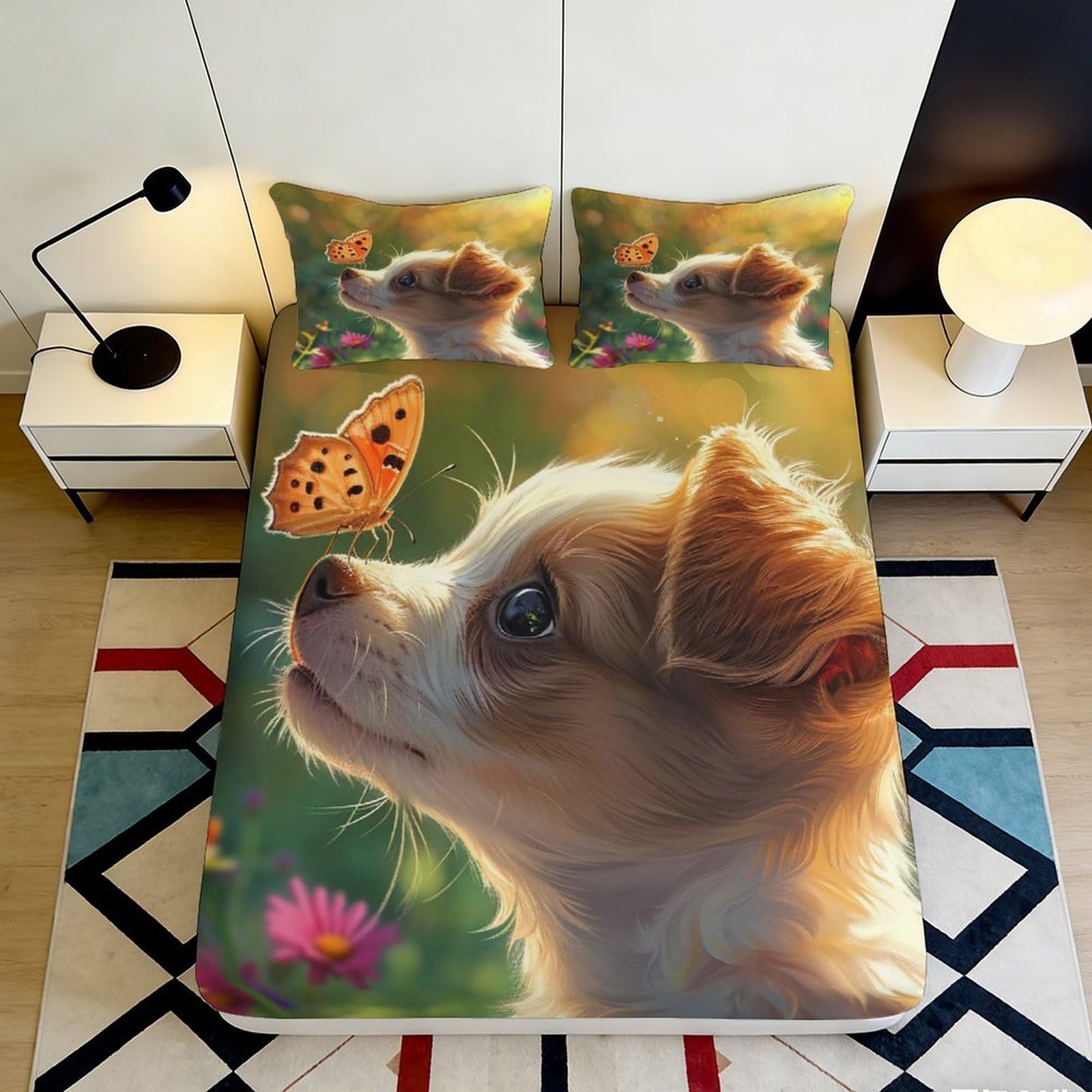 Pnayamiorkfel Style-9 3D Printed Puppy And Butterfly Fitted Sheet Microfiber Soft Anti-Slip Bed Cover For Bedroom Dorm Guest Room Decor 90X200x25cm