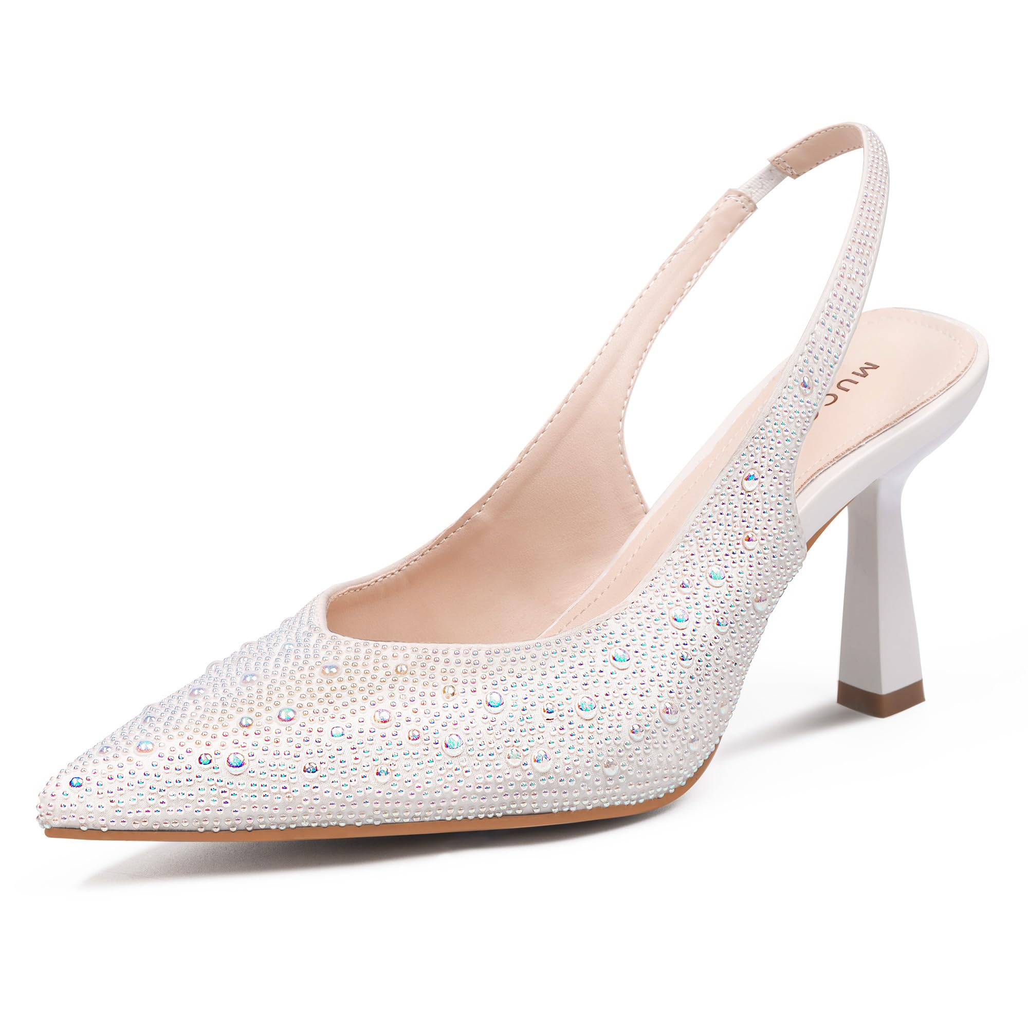 MUCCCUTE Kitten Heels for Women Slingback Heels Pointed Toe Pumps Rhinestones Pearls Stiletto Sparkly Bridal Sandals for Wedding Prom Dating