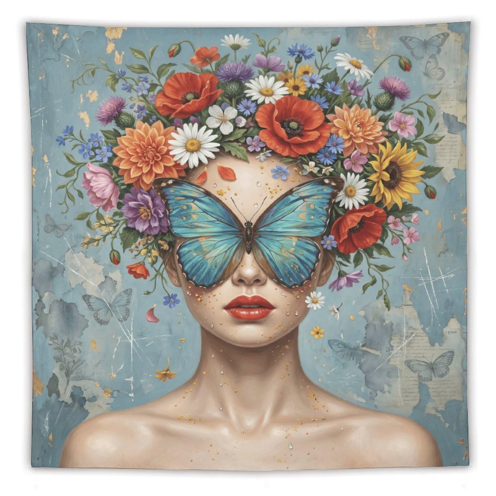 W7C8U2X3 Butterfly Woman Pastel Floral Wall Tapestry, Botanical Surrealism