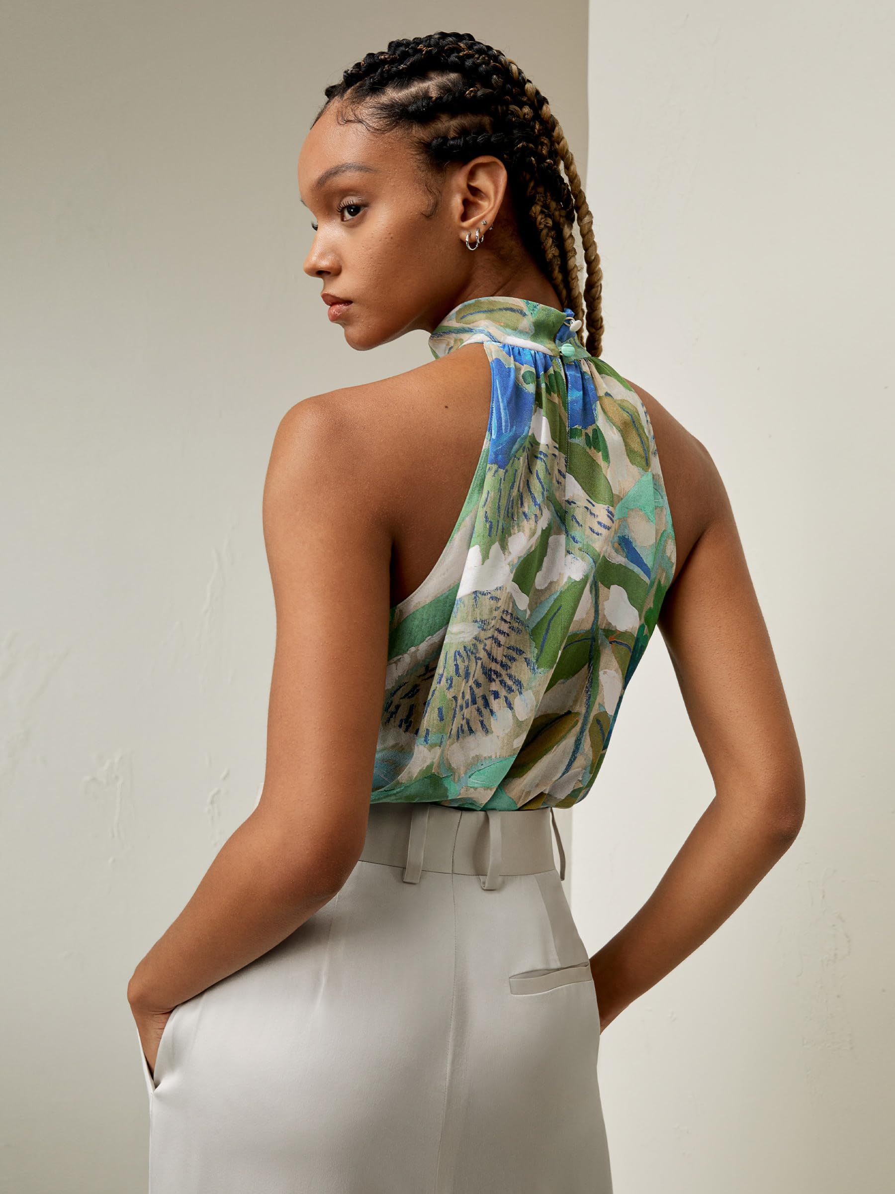 LilySilk Damen Reine Seidenbluse, ärmelloses Halftertop aus Crêpe de Chine mit Blumendruck für Urlaubspartys