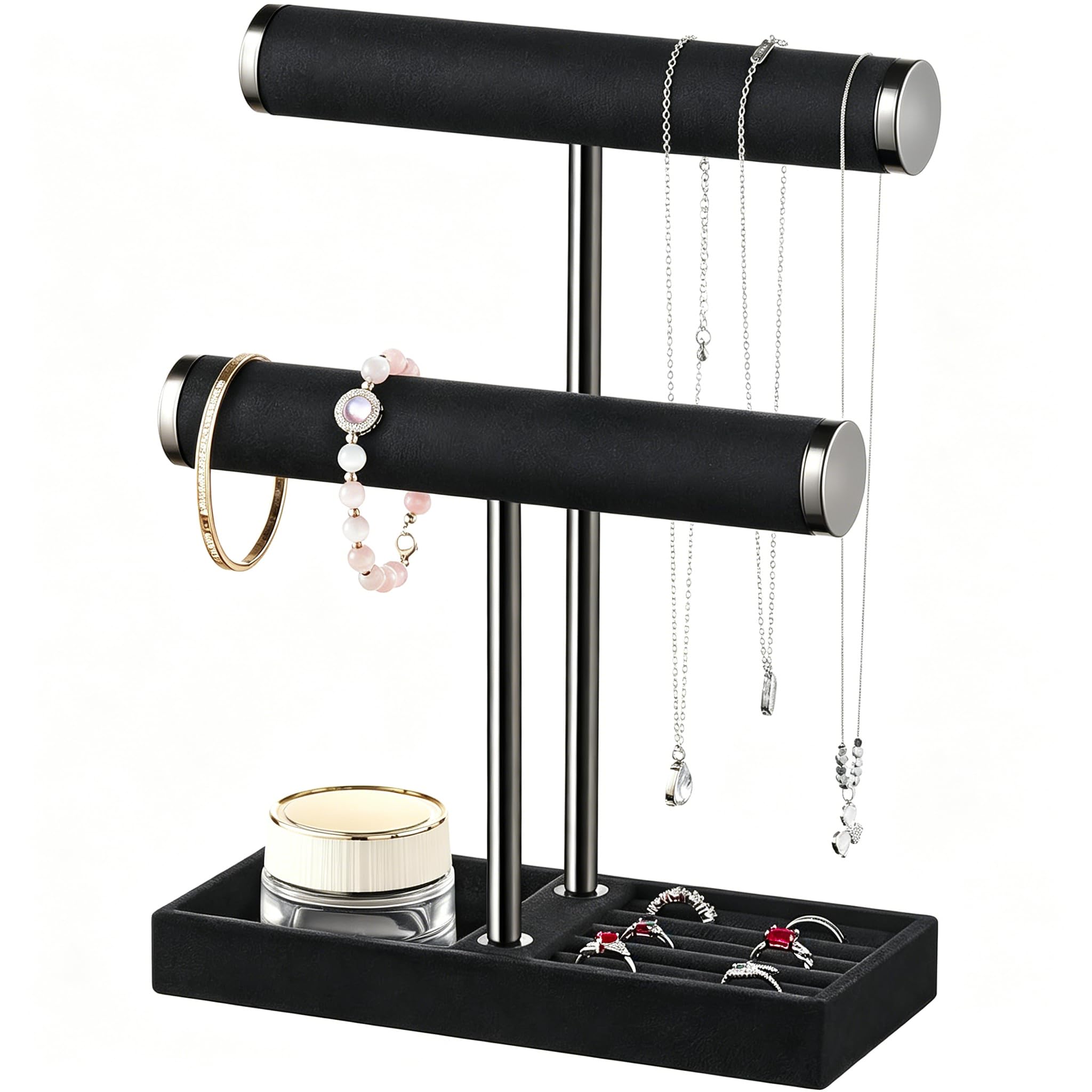 Xnqelerate Jewellery Stand with 2 Levels, Jewellery Storage, Removable T-Bar Jewellery Stand, Jewellery Organiser, Jewellery Organiser for Bracelet, Watches, Rings, Necklace (Black)