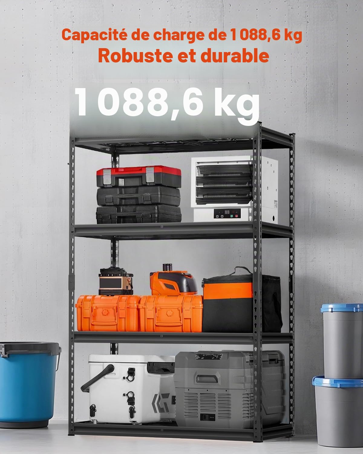 VEVOR Étagère de Rangement, 1089 kg, Étagère de Garage Métallique Robuste Réglable, 4 Niveaux, 508 x 1016 x 1524 mm, Meuble Rayonnages de Stockage, pour Cuisine, Atelier, sous-Sol, Buanderie, Noir