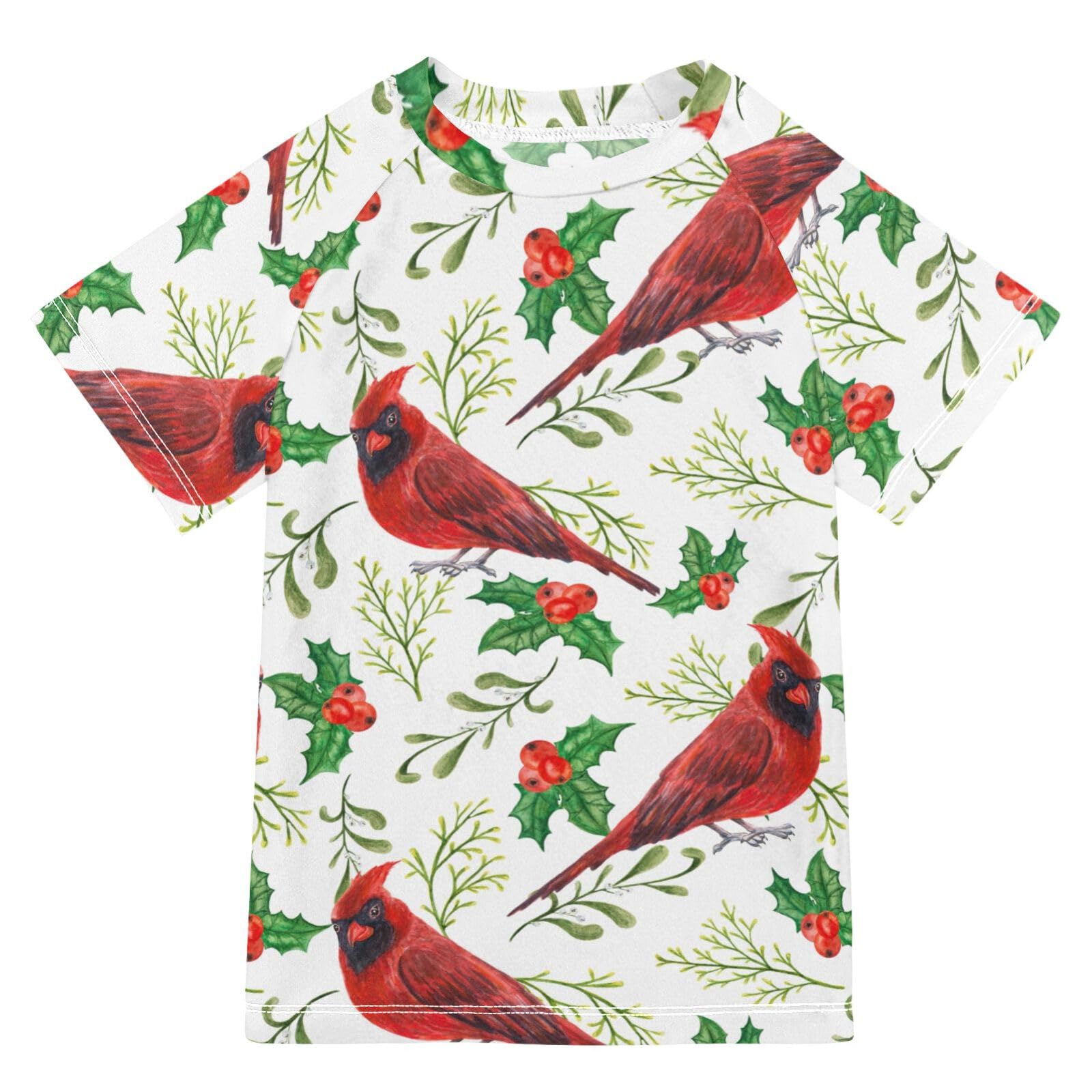 Aflyko Christmas Boys' Swim Shirt Red Bird Holly Leaves Red Berry Rash Guard Beachwear Sun Protection Fishing Hiking Camping Surfing Swimming Toddler Infant Summer Daily T-Shirt, 4T