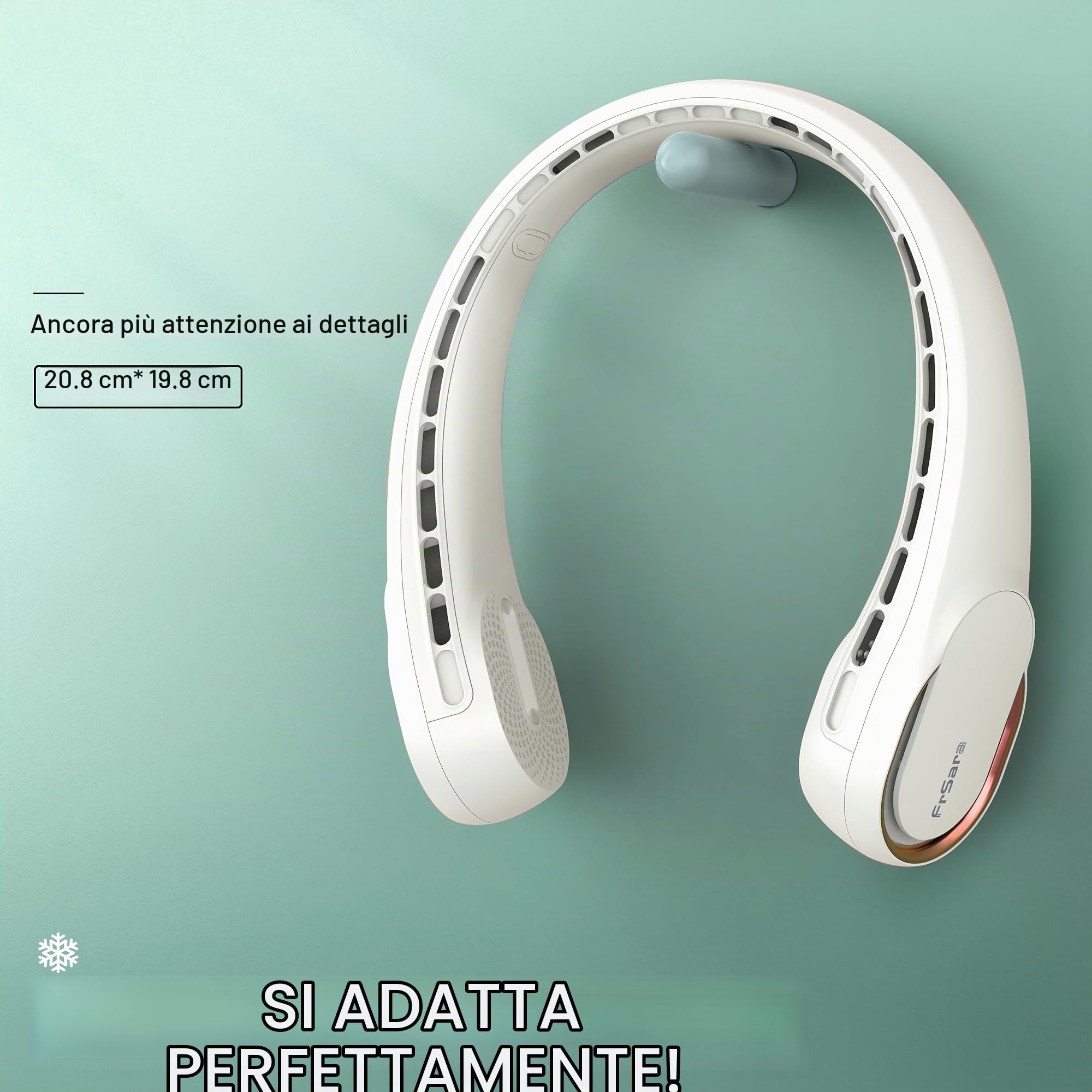 FrSara Ventilatore da collo, ventilatore personale portatile con forte flusso d'aria, 4000 mAh, flusso d'aria, raffreddamento a 360°, senza grovigli, flusso d'aria su entrambi i lati, antiscivolo