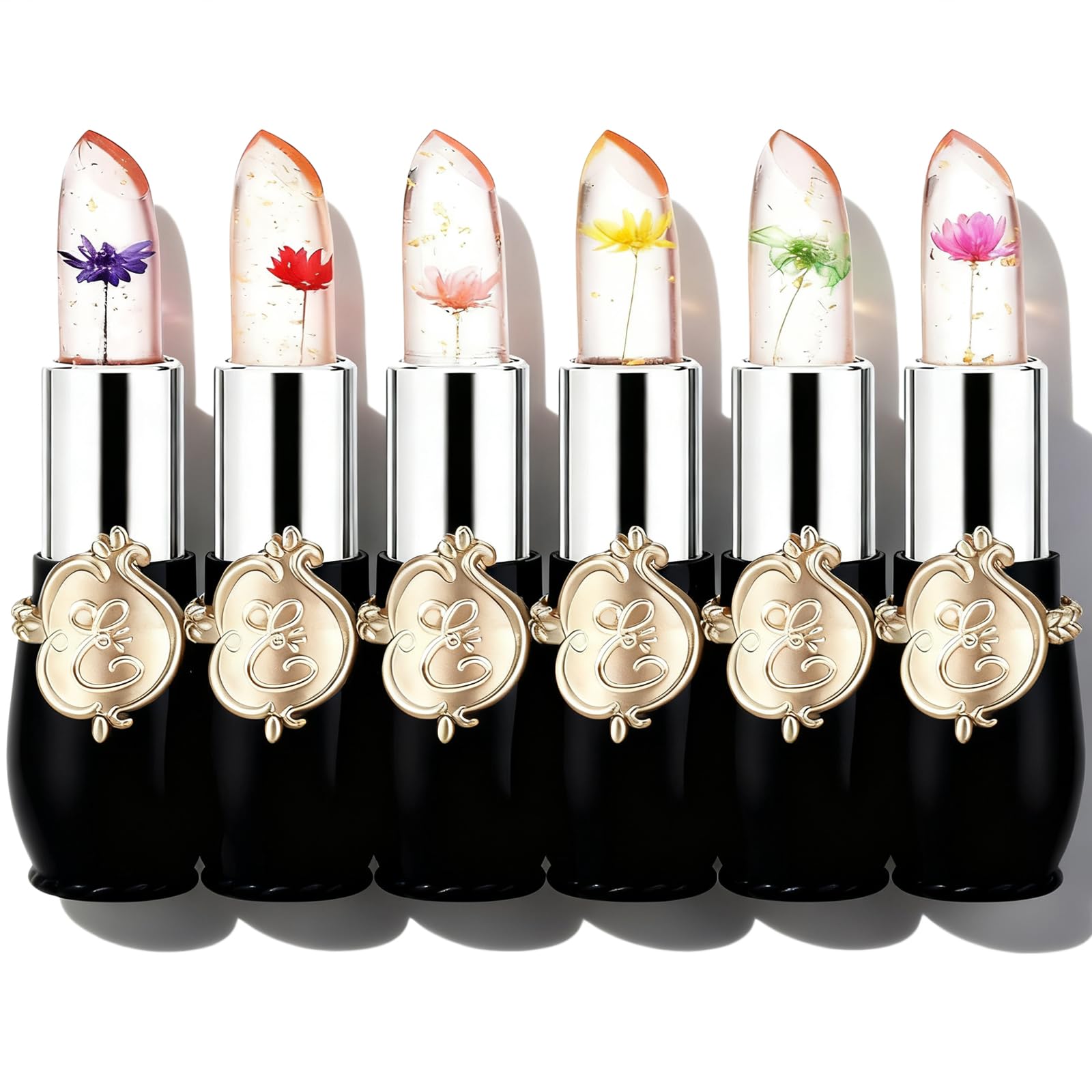 firstfly Pack of 6 Crystal Flower Jelly Lipstick, Long Lasting Nutritious Lip Balm Lips Moisturizer Magic Temperature Color Change Lip Gloss (Black)