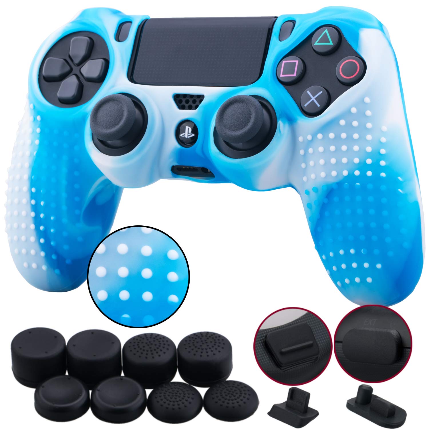 9CDeer 1 Piece of Silicone Studded Dots Protective Sleeve Case Cover Skin + 8 Thumb Grips Analog Caps + 2 dust Proof Plugs for PS4/Slim/Pro Controller, White Blue