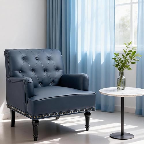 Miniatura 5 de MOJAY Silla decorativa de piel sintética, sillón de mediados de siglo con patas de madera de goma, silla de club con ribete de remache para