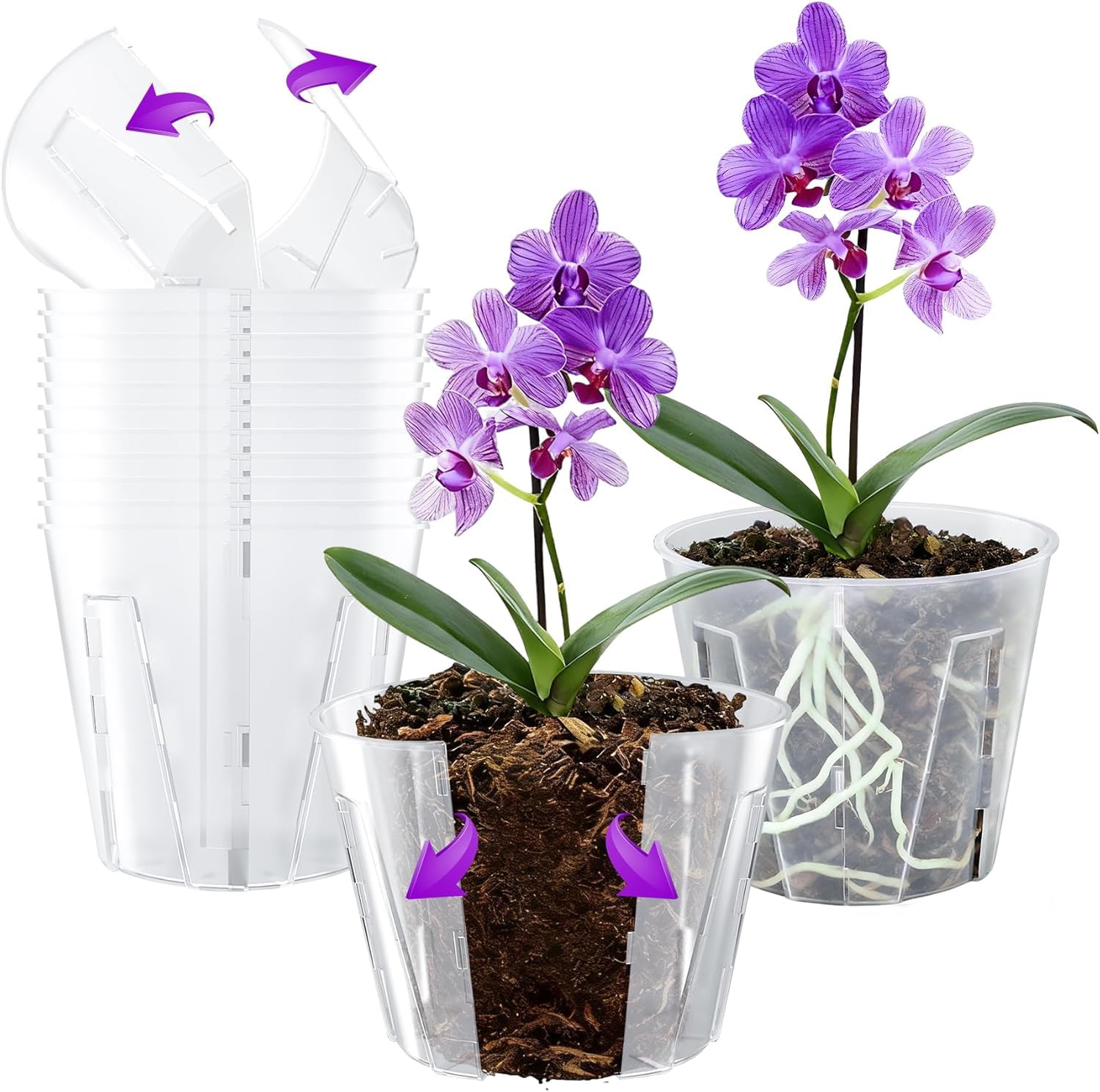 Bonviee 12 Packs Side-Open Orchid Pots for Easy Repotting 13cm, Clear Plastic Breathable Slotted Flower Plant Nursery Planters with Drainage Holes for Optimal Root Health Indoor