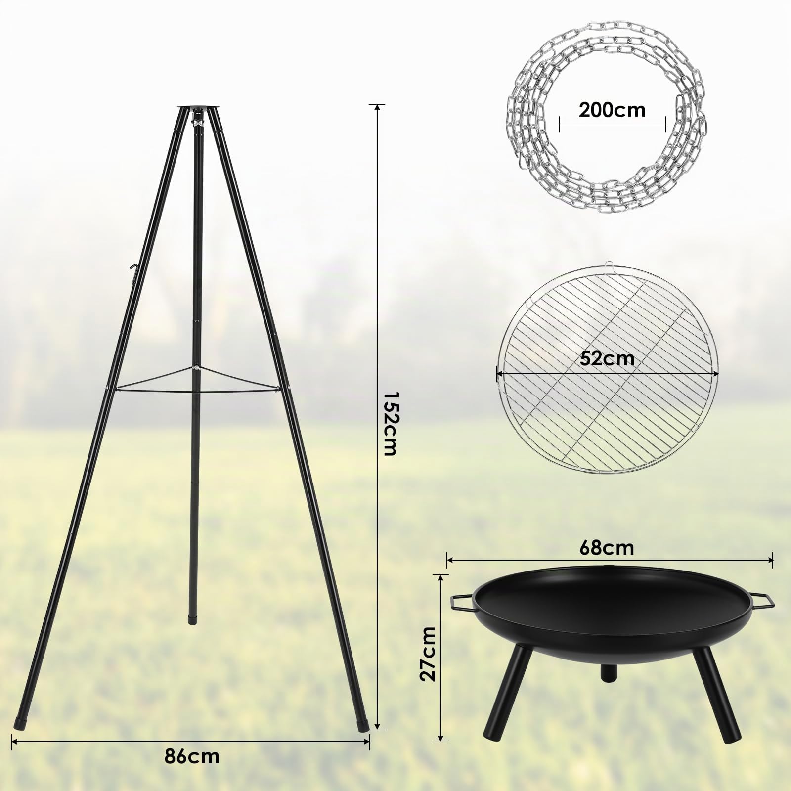 TLSUNNY Barbecue Pivotant avec Brasero, Barbecue Trépied avec Chaîne, Barbecue Charbon de Bois, Réglable en Hauteur de 200 cm, Ø68 cm Brasero avec Poignée, Foyer Extérieur pour Griller et Chauffer