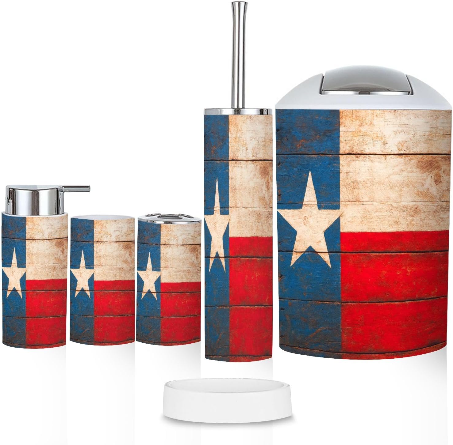 Bathroom Accessory Set 6PCS Texas Flag Made Old Wooden Boards Painted Rustic Retro Painted Trash Can, Soap Dispenser, Toothbrush Holder, Toothbrush Cup, Toilet Brush Holder, Soap Dish for Gifts