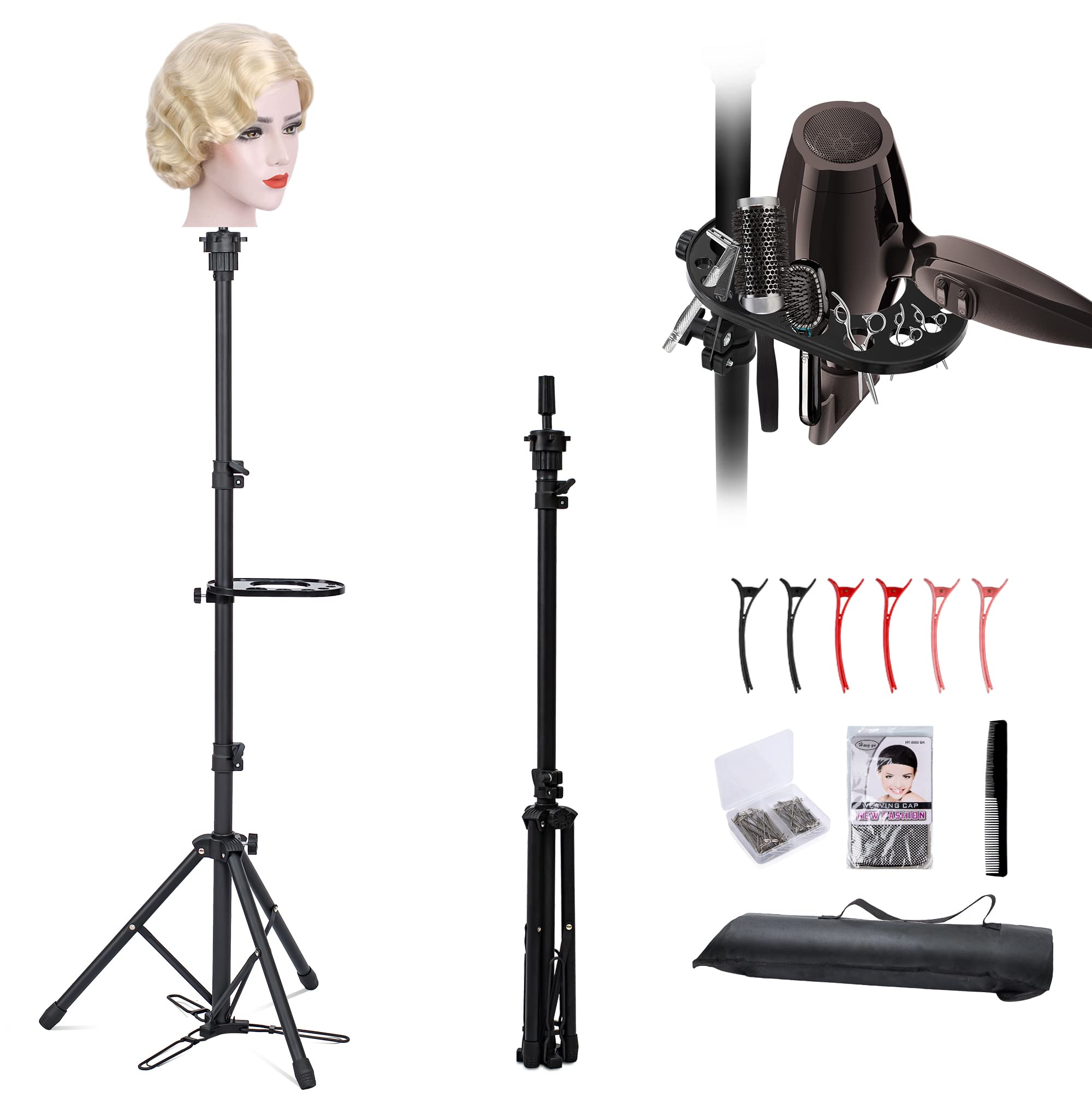 Klvied Wig Stand Tripod Adjustable Mannequin Head Stand with Foot Panel, Reinforced Metal Wig Head Stand with Tool Tray for Cosmetology Hairdressing Styling Training; TRIPOD ONLY