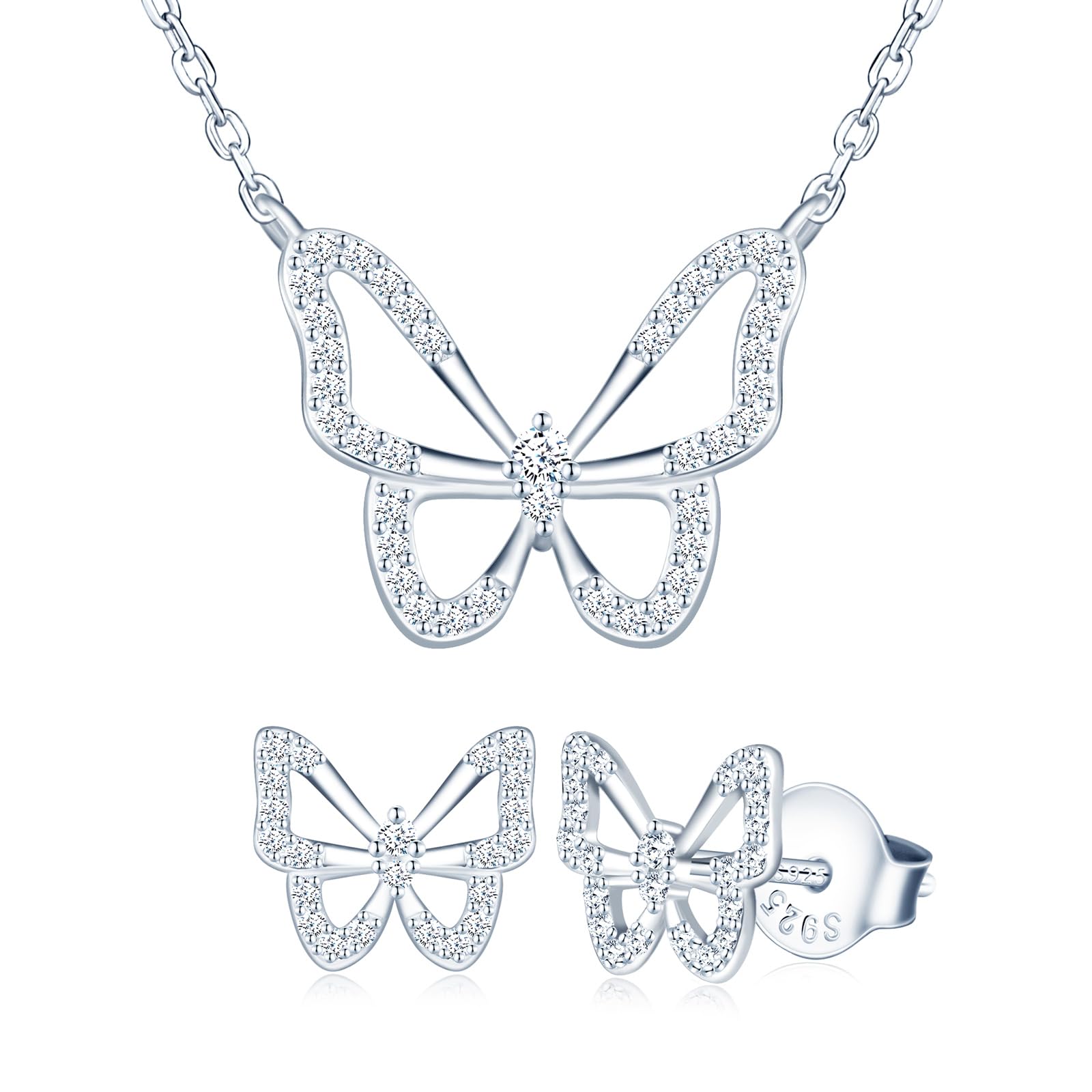 MICMIF Mariposa Juego de Joyas de Plata Conjunto Collar y Pendientes Mariposa con Circonita - Forma de Mariposa Aretes & Collar con Colgante Regalos para Mujer Niña Esposa Amante Novia Madre