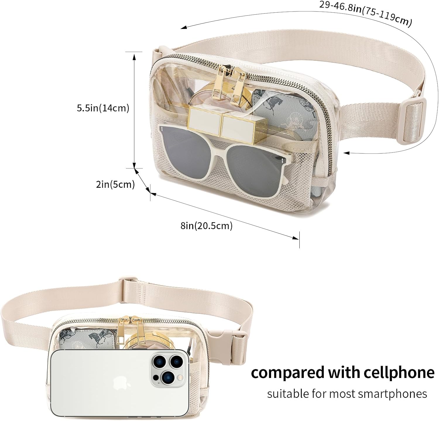 Clear Fanny Pack Belt Bag Stadium Approved for Women Men with Adjustable Strap Water-resistant Waist bag Clear Purse for Travel Workout Running Hiking(Beige) - Image 6