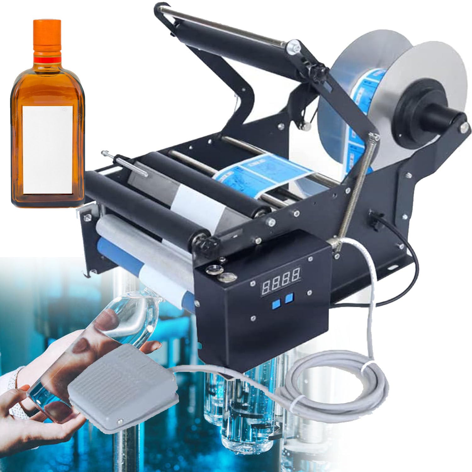 Electric Labeler,Round Labeler Sticker Label 30 Times/min Bottle Labeler for15-100mm Diameter,Sticker Label Printer Packaging Machine with Foot Pedal