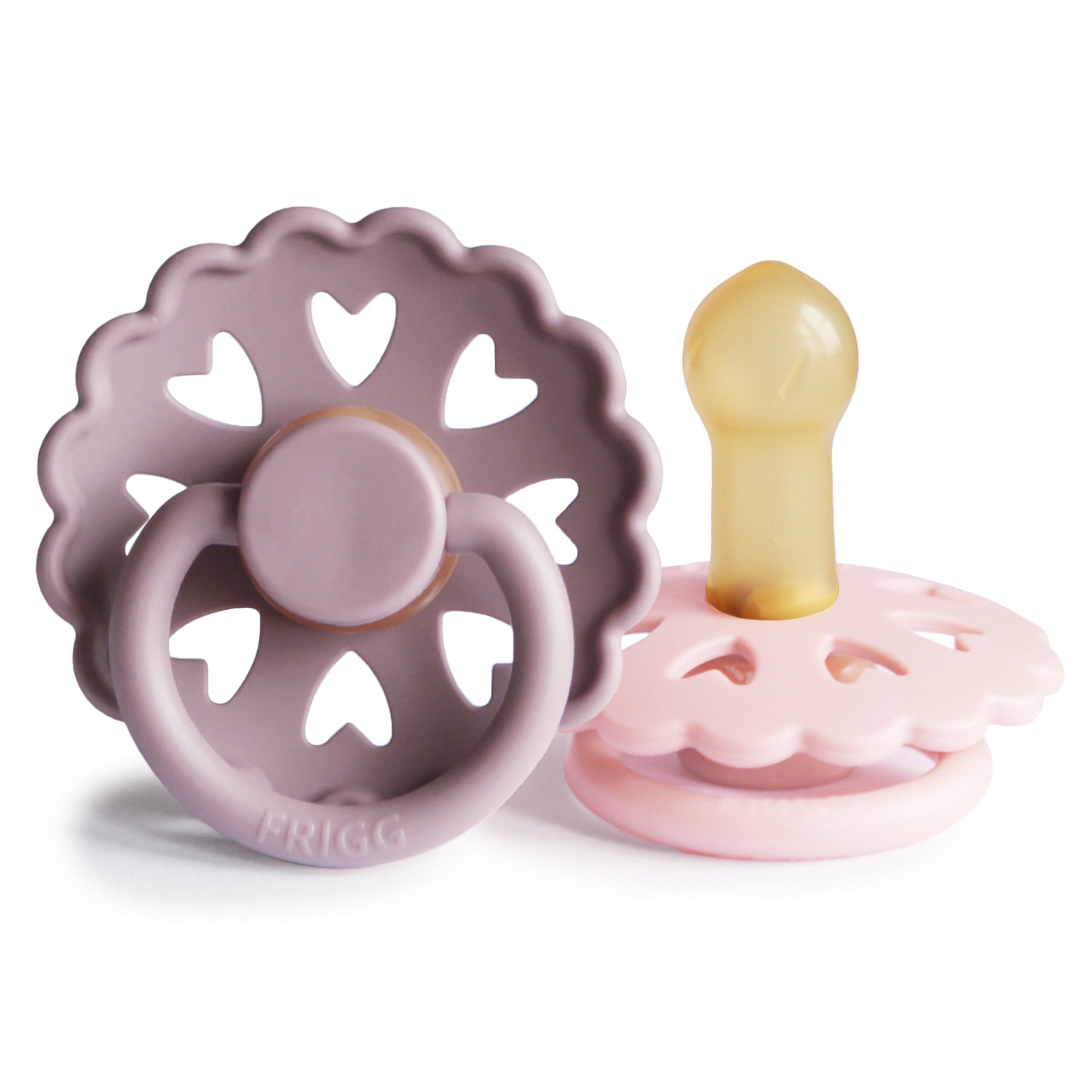 FRIGG Fairytale Smoczek lateksowy, 2 sztuki, nie zawiera BPA, wyprodukowano w Danii, symetryczny, w kształcie wiśni, fioletowy (Twilight Mauve) / biały bez (White Lilac), rozmiar 2 (6–18 miesięcy)